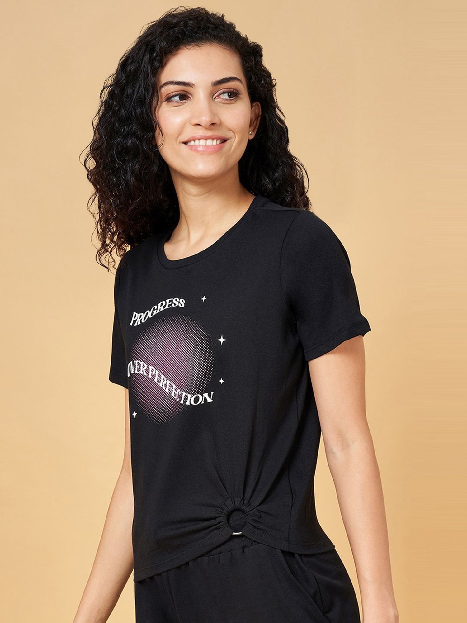 Ajile by Pantaloons Black Cotton Graphic Print Sports T-Shirt
