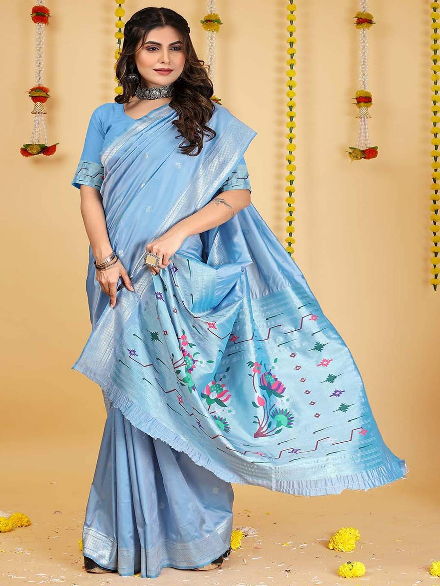 SHUBHKALA Blue Silk Woven Saree With Unstitched Blouse