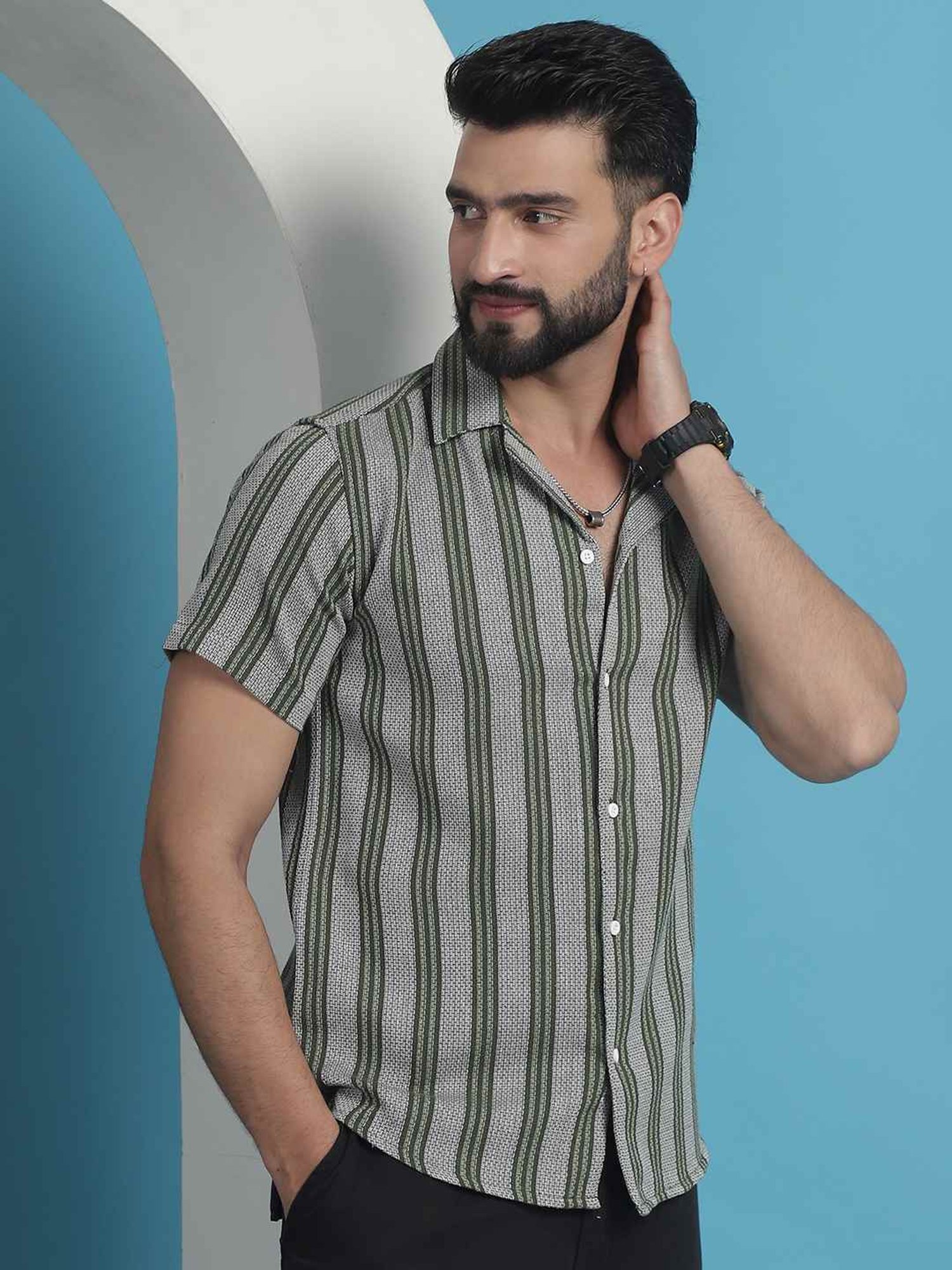 Indian Needle Olive Cotton Regular Fit Striped Shirt