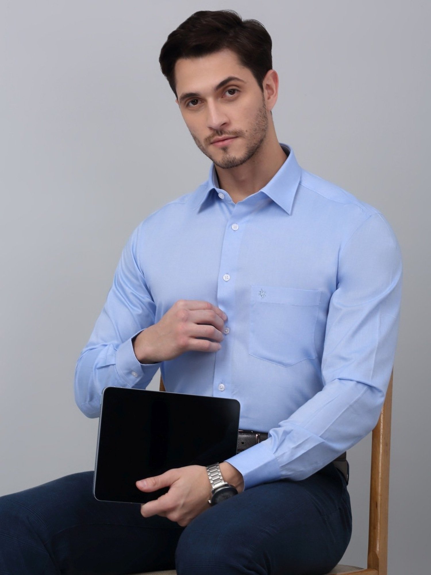 Cantabil Sky Blue Cotton Regular Fit Shirt