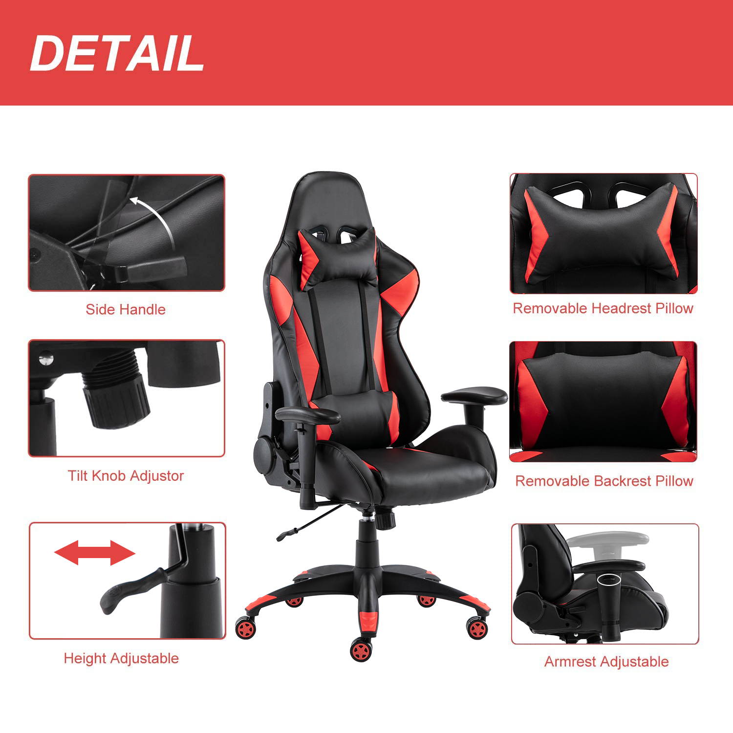 SMUGDESK Gaming Chair,Ergonomic Racing Office Chair High Back Task Chair Swivel PU Leather Computer Desk Chair Adjustable with Lumbar Support Headrest,Red