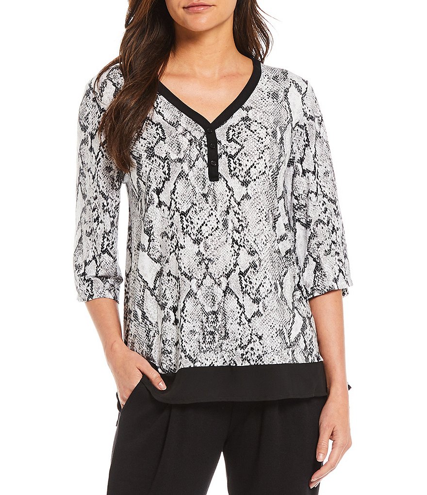 Donna Karan Snake Print 3/4 Sleeve Contrast V-Neck Jersey Knit Lounge Top