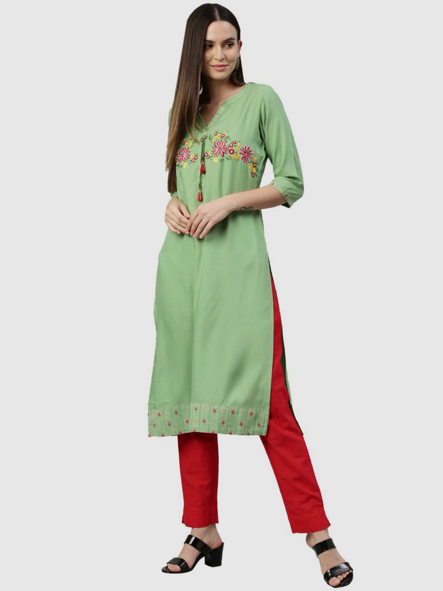 Neerus Pista Green Embroidered Straight Kurta