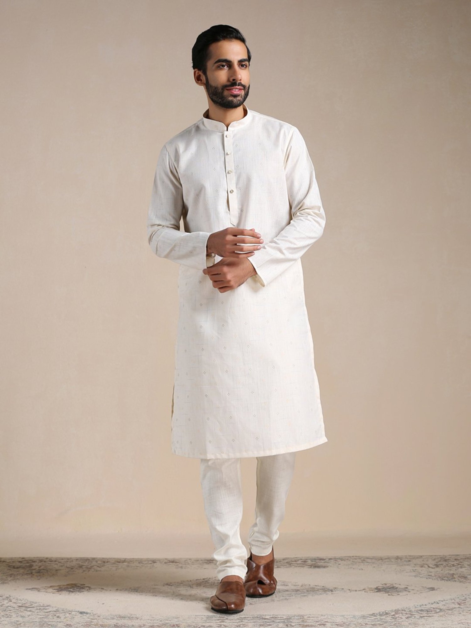 Manyavar Off White Regular Fit Self Design Kurta & Pyjama Set