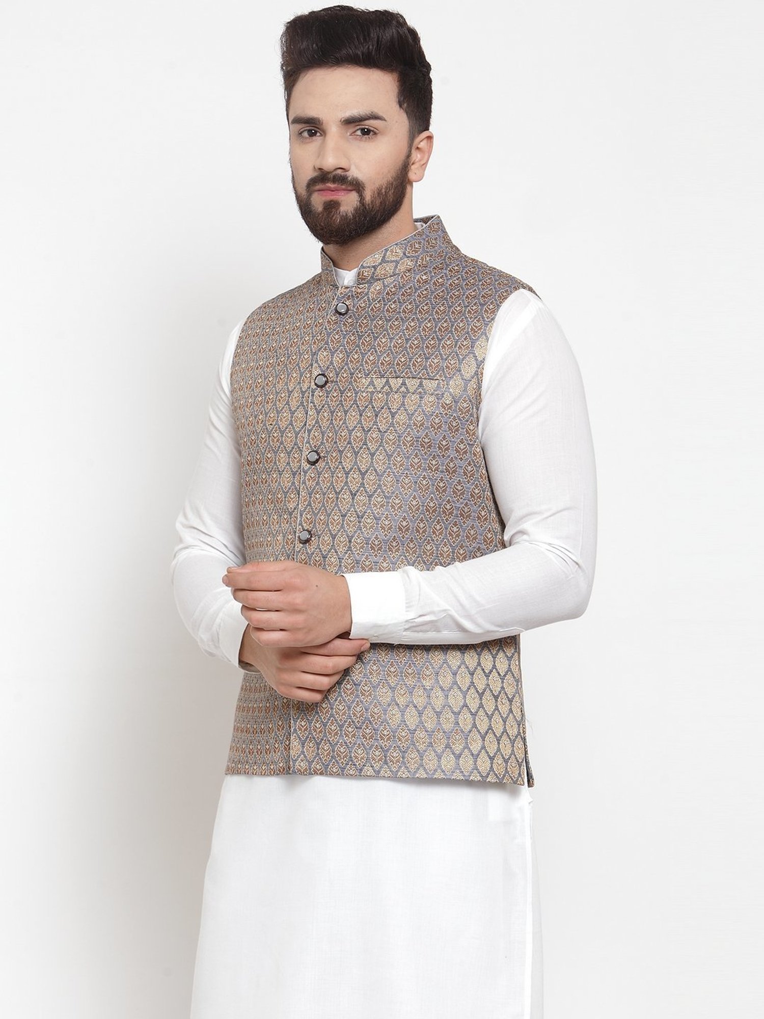Treemoda Blue Golden Regular Fit Self Pattern Nehru Jacket