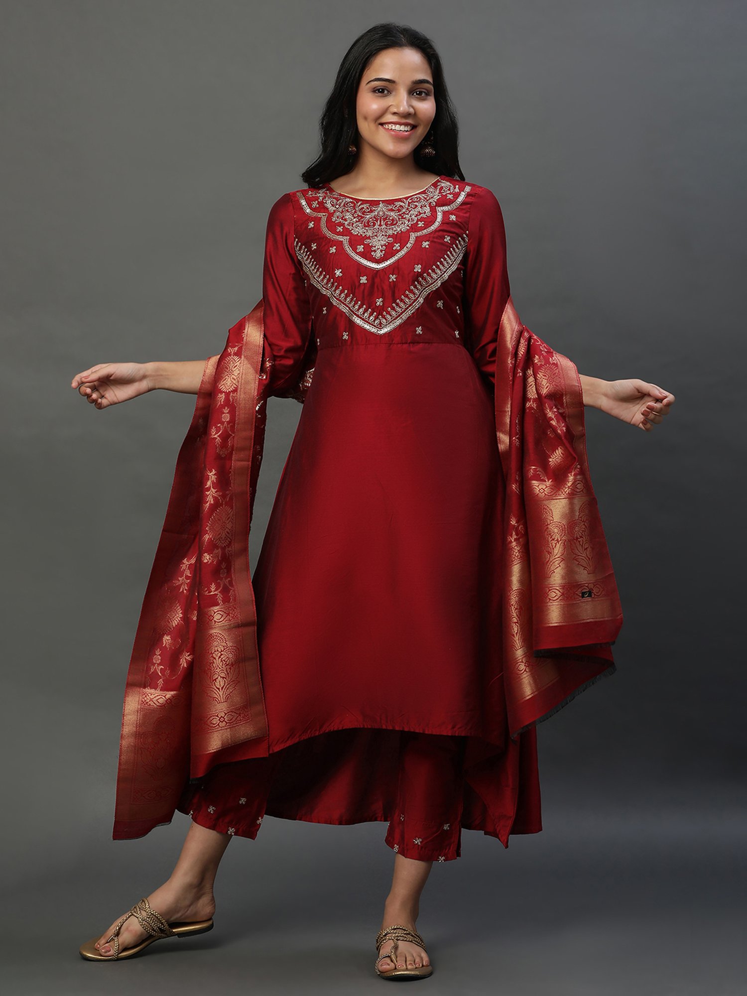 Aurelia Red Embroidered Kurta Pant Set With Dupatta