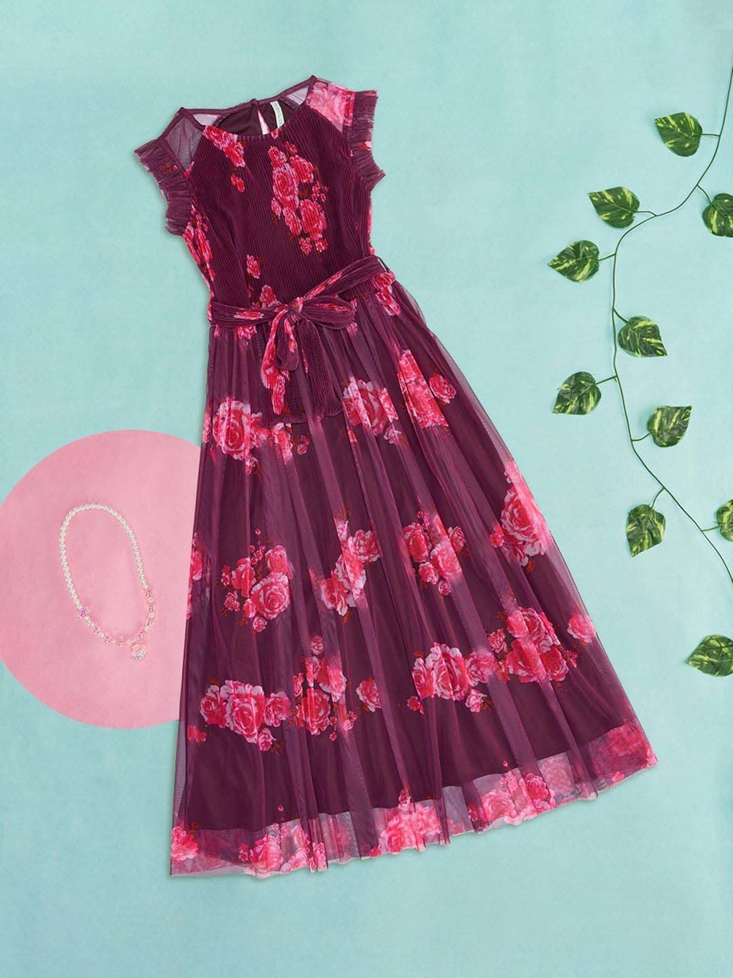 Pantaloons Junior Maroon & Pink Cotton Floral Print Dress