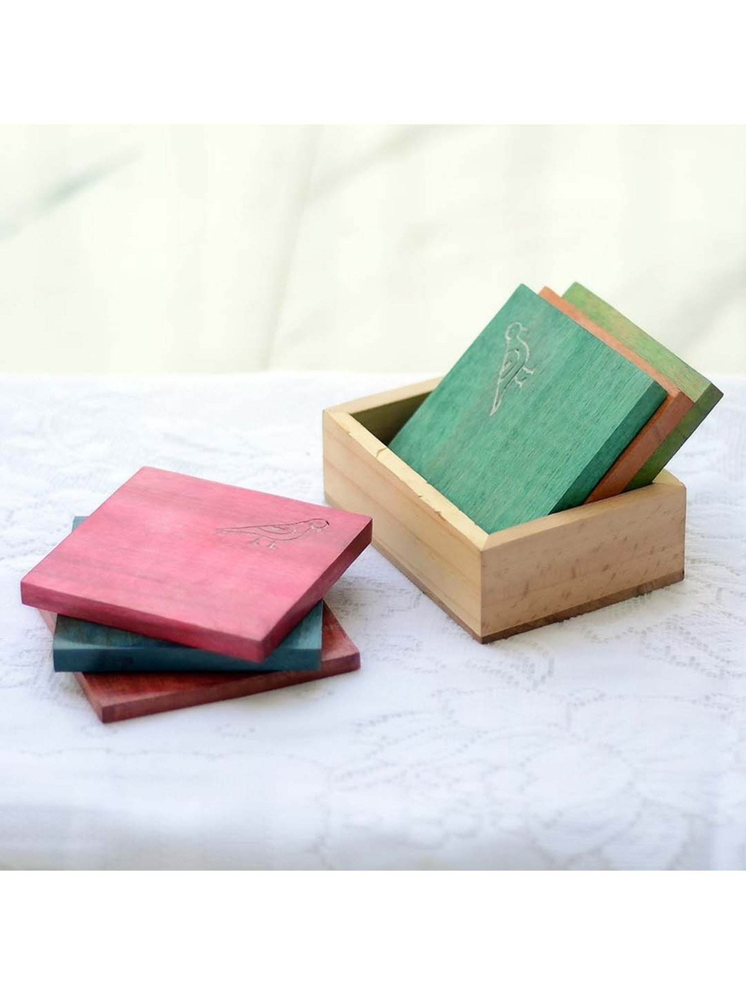 Unravel India Multicolor Wood Coaster with Base Stand - Set of 6