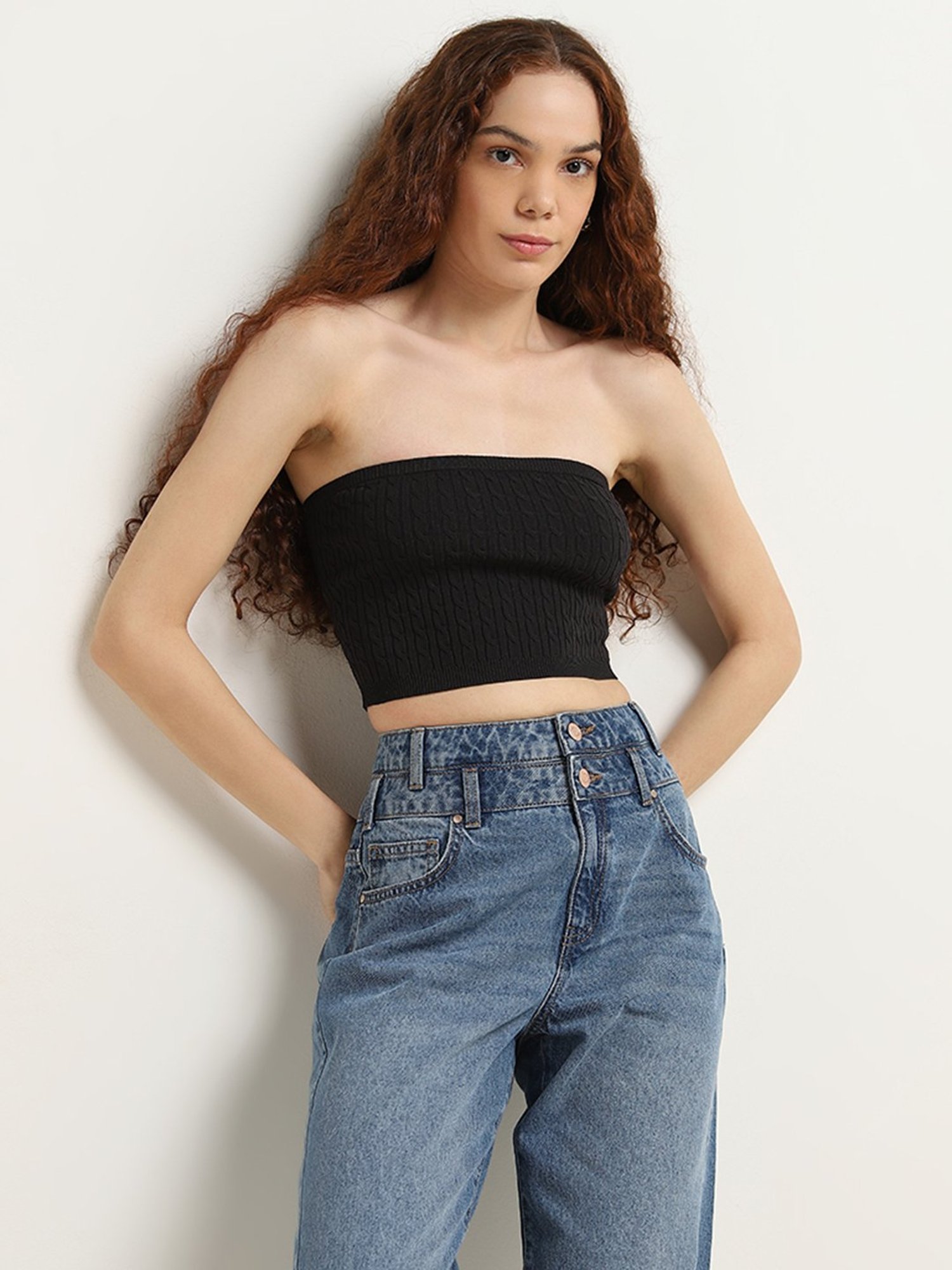 Nuon by Westside Black Knit-Textured Cotton Blend Tube Top