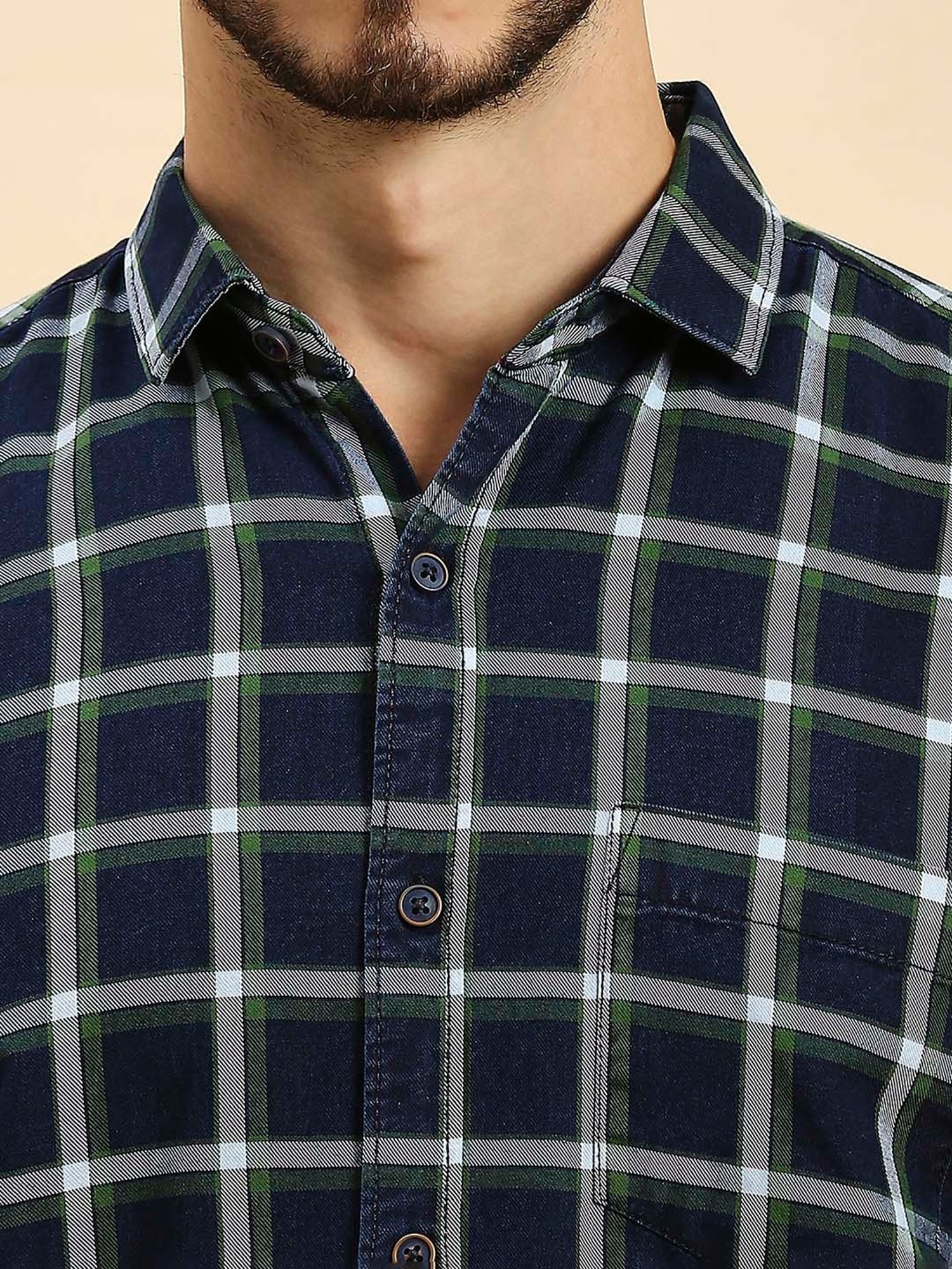 HJ HASASI Navy Slim Fit Check Cotton Shirt