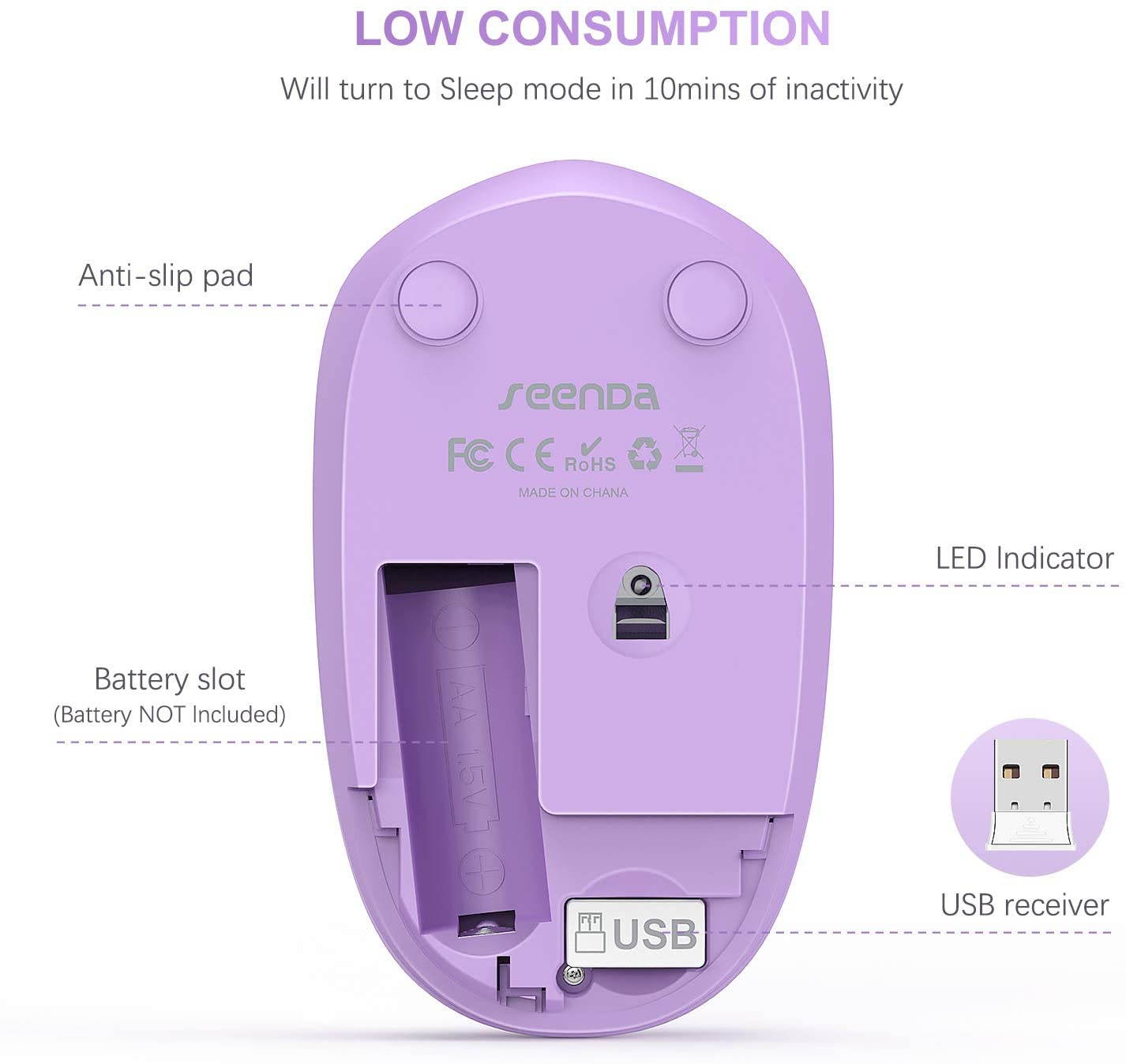 Wireless Mouse, 2.4G Noiseless Mouse with USB Receiver -  Portable Computer Mice for PC, Tablet, Laptop, Notebook, Computer - Purple & White