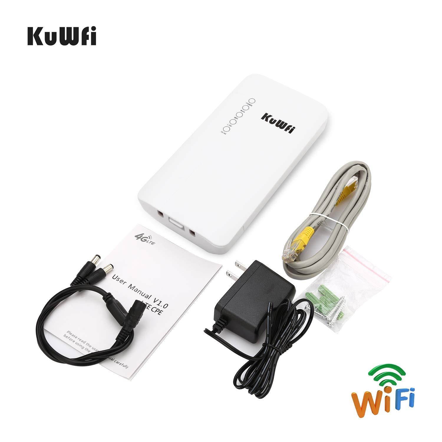 KuWFi Outdoor 4G LTE CPE WiFi Router with Sim Card Slot 150Mbps CAT4 SIM Routers for Home/Office use Easy Setu Up to 32 Users Work with IPcamera or Outside WiFi Coverage (US Version B2/B4/B5/B7)