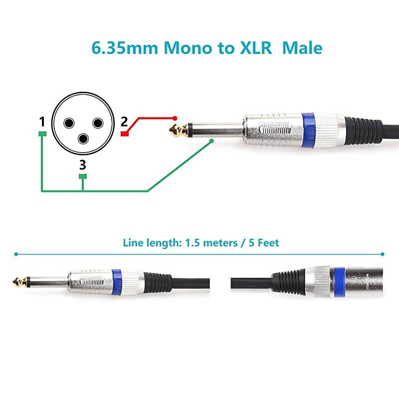 XLR Microphone Cable  XLR Male to 1/4"(6.35mm) Mono Plug Interconnect Cable, Powered Speakers, Stage, DJ, Studio Sound Consoles(5Feet)