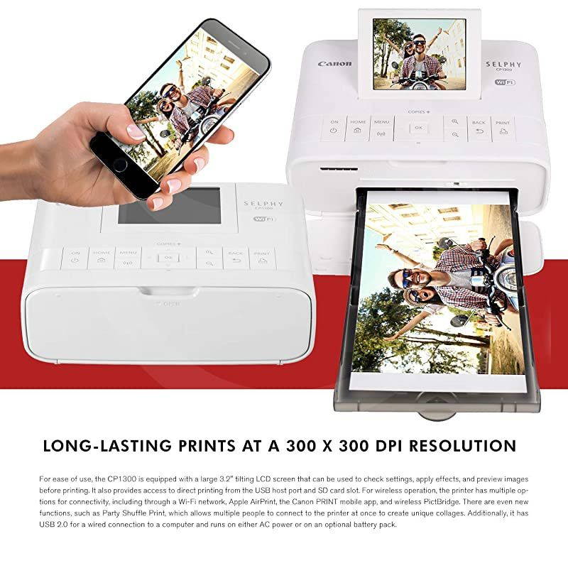 SELPHY CP1300 Compact Photo Printer (White) with WiFi and Accessory Bundle w/ Color Ink and Paper Set