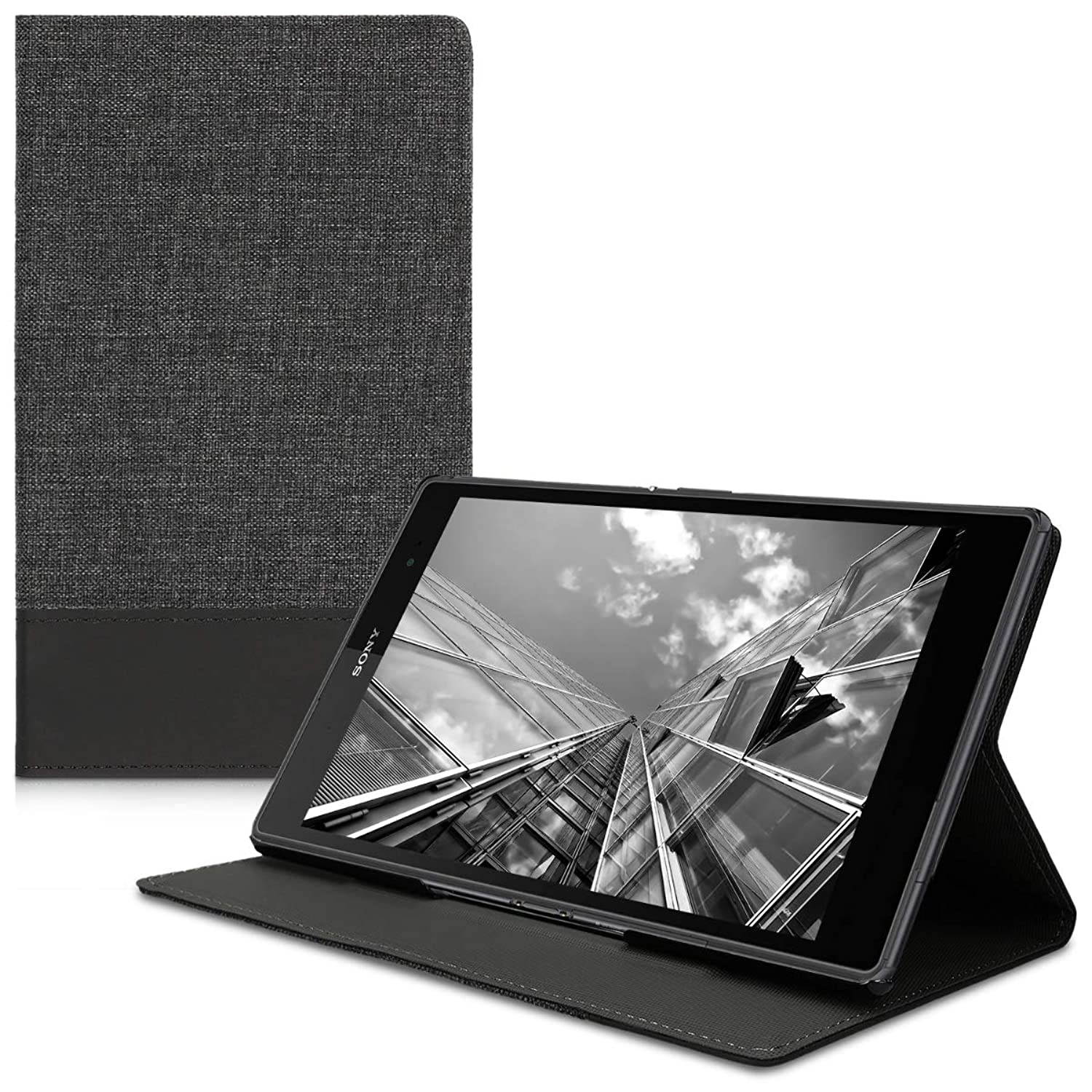 kwmobile Case Compatible with Sony Xperia Tablet Z3 Compact - PU Leather and Canvas Cover with Stand Feature - Anthracite/Black