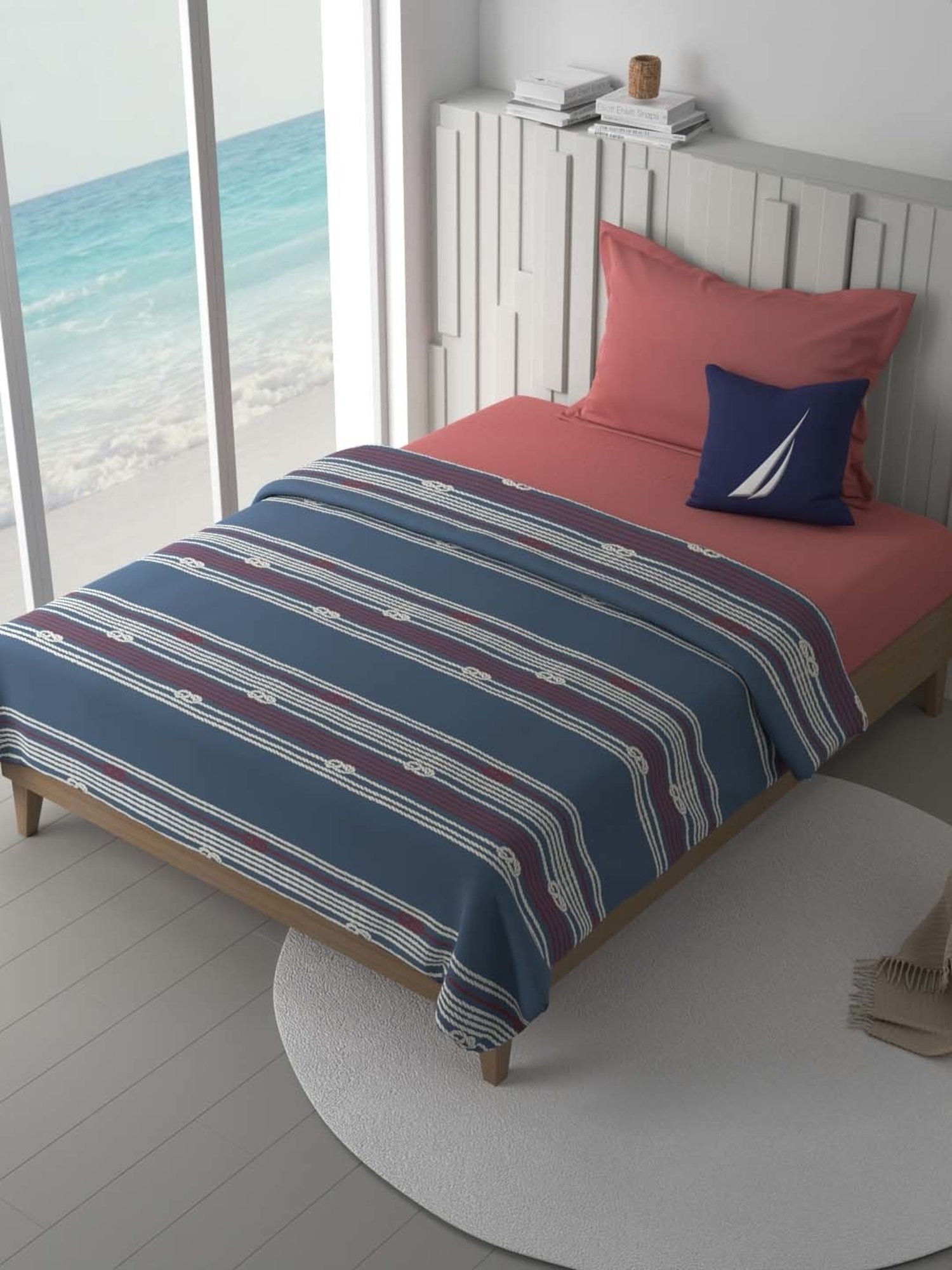 Nautica Ocean View Blue & Red 250 GSM Cotton Super Soft Single Blanket