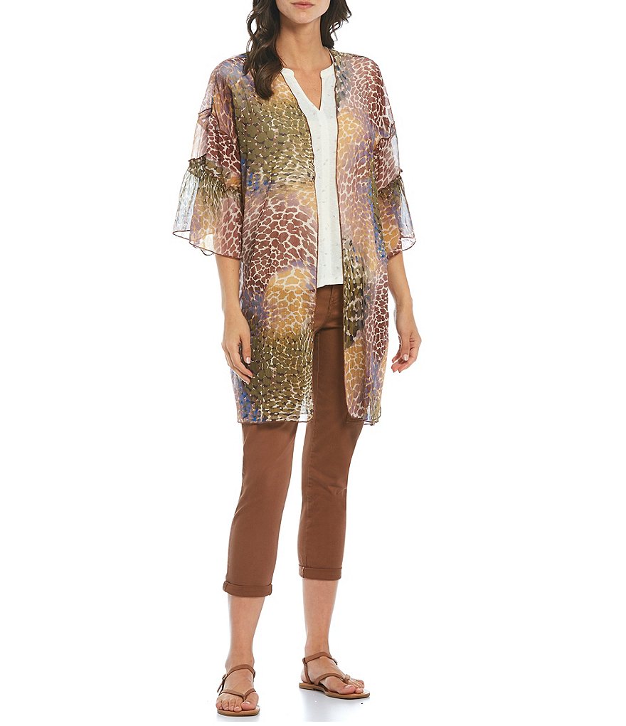 Democracy Giraffe Patchwork Print 3/4 Ruffle Sleeve Open-Front Kimono
