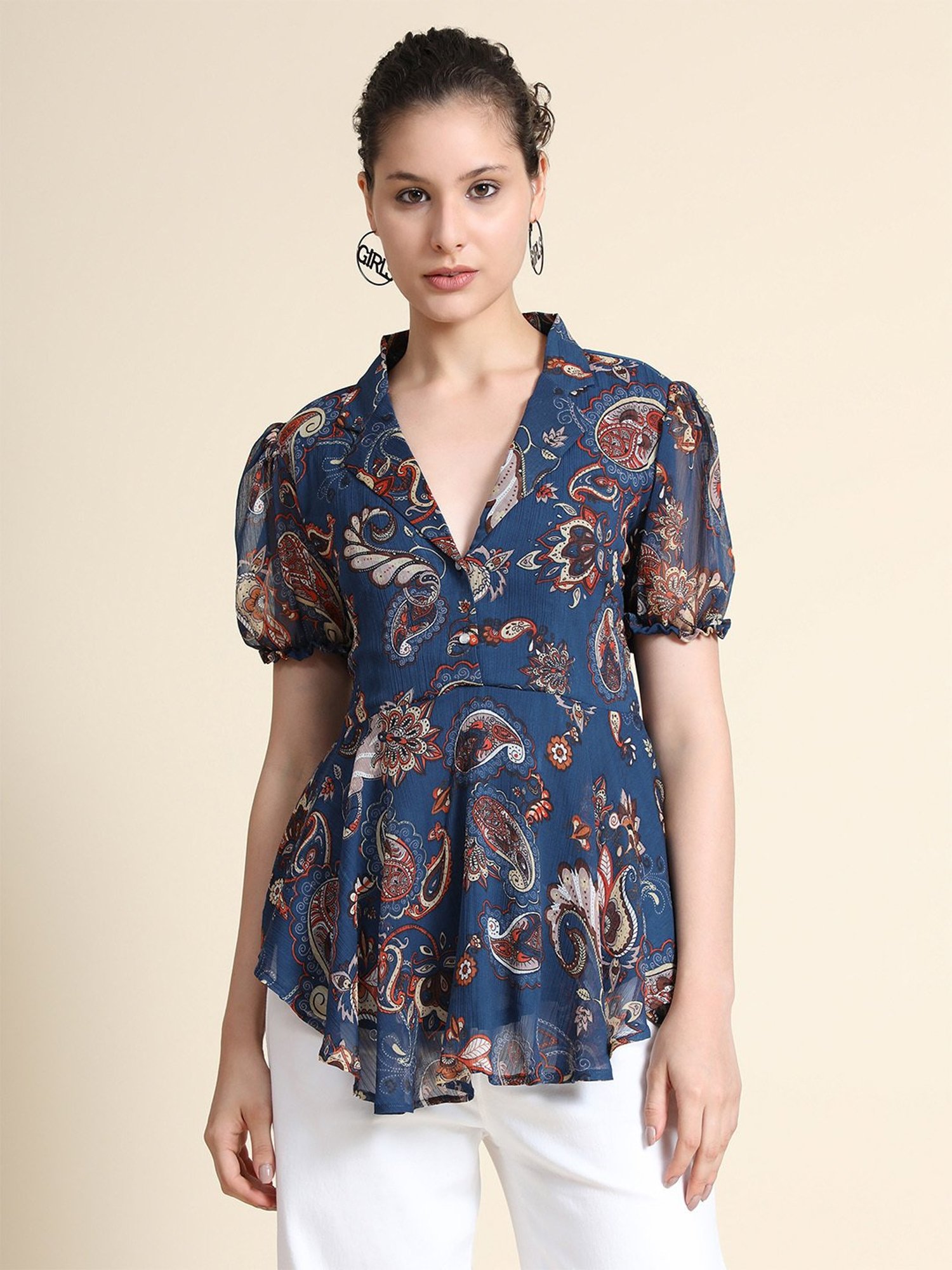 KERI PERRY Navy Printed Top