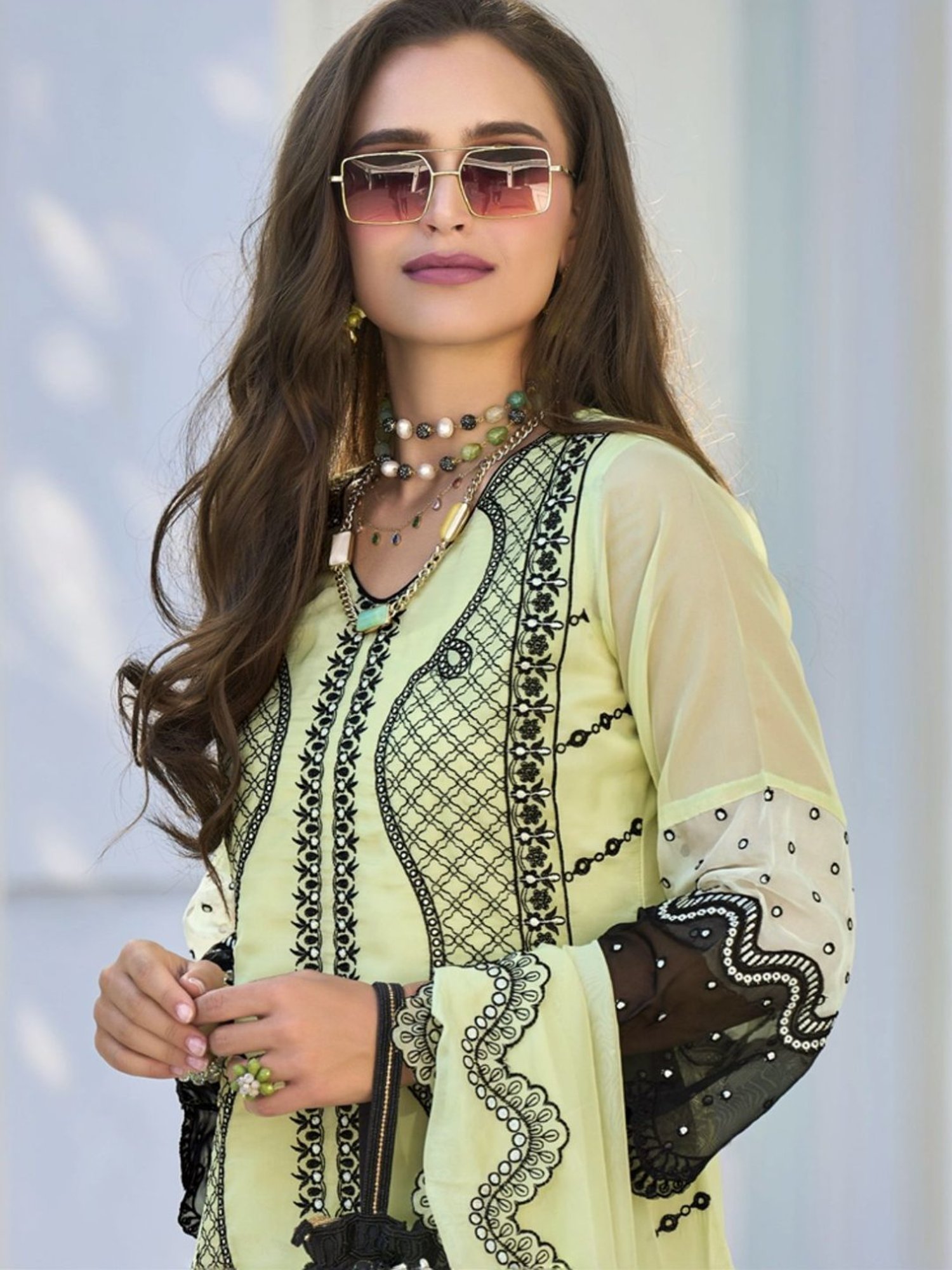 Autumnlane Black Neelima Mint Full Embroidered Heavy Pakistani Kurta with Pant and Dupatta