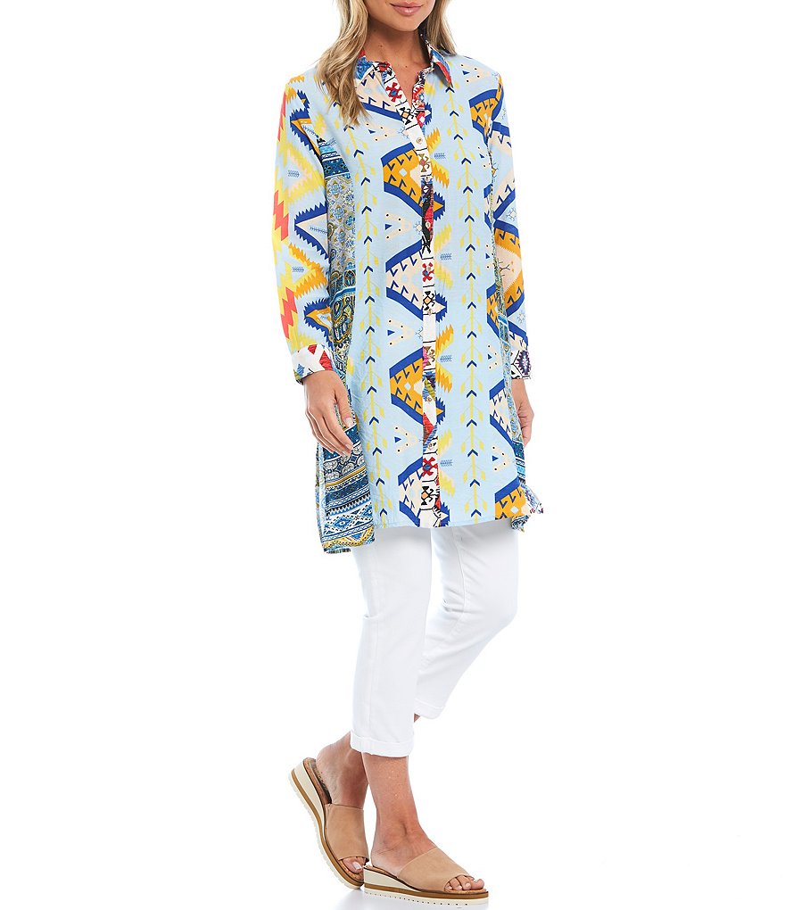 Calessa Southwest Print Long Sleeve Point Collar Duster Tunic