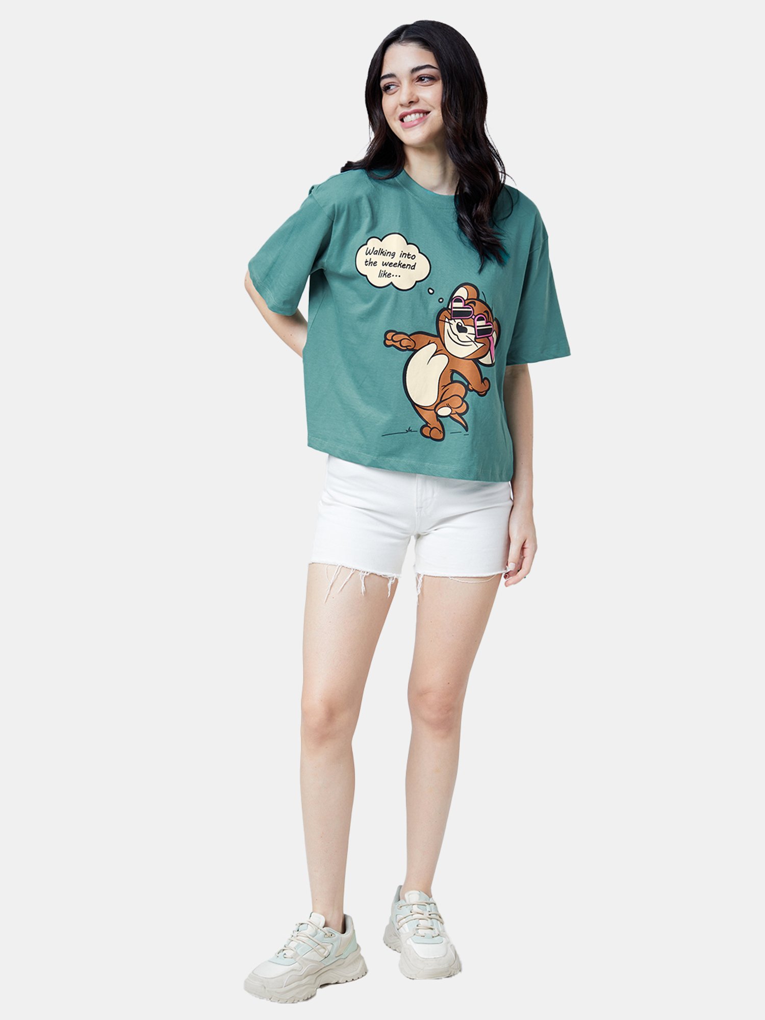 The Souled Store Green Tom And Jerry: Weekend Printed Oversized T-Shirt