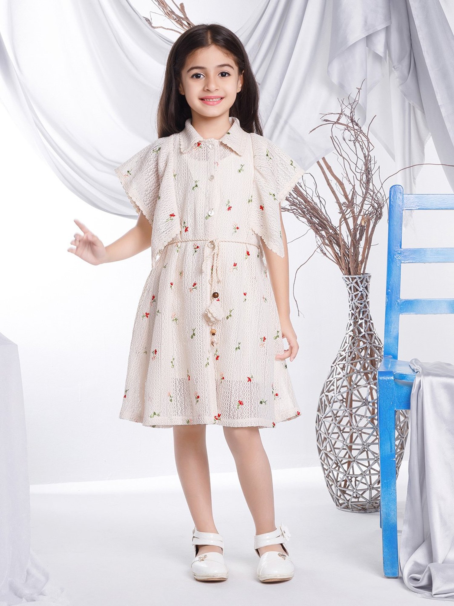 Peppermint Kids Beige Self Design Shirt Dress with Belt