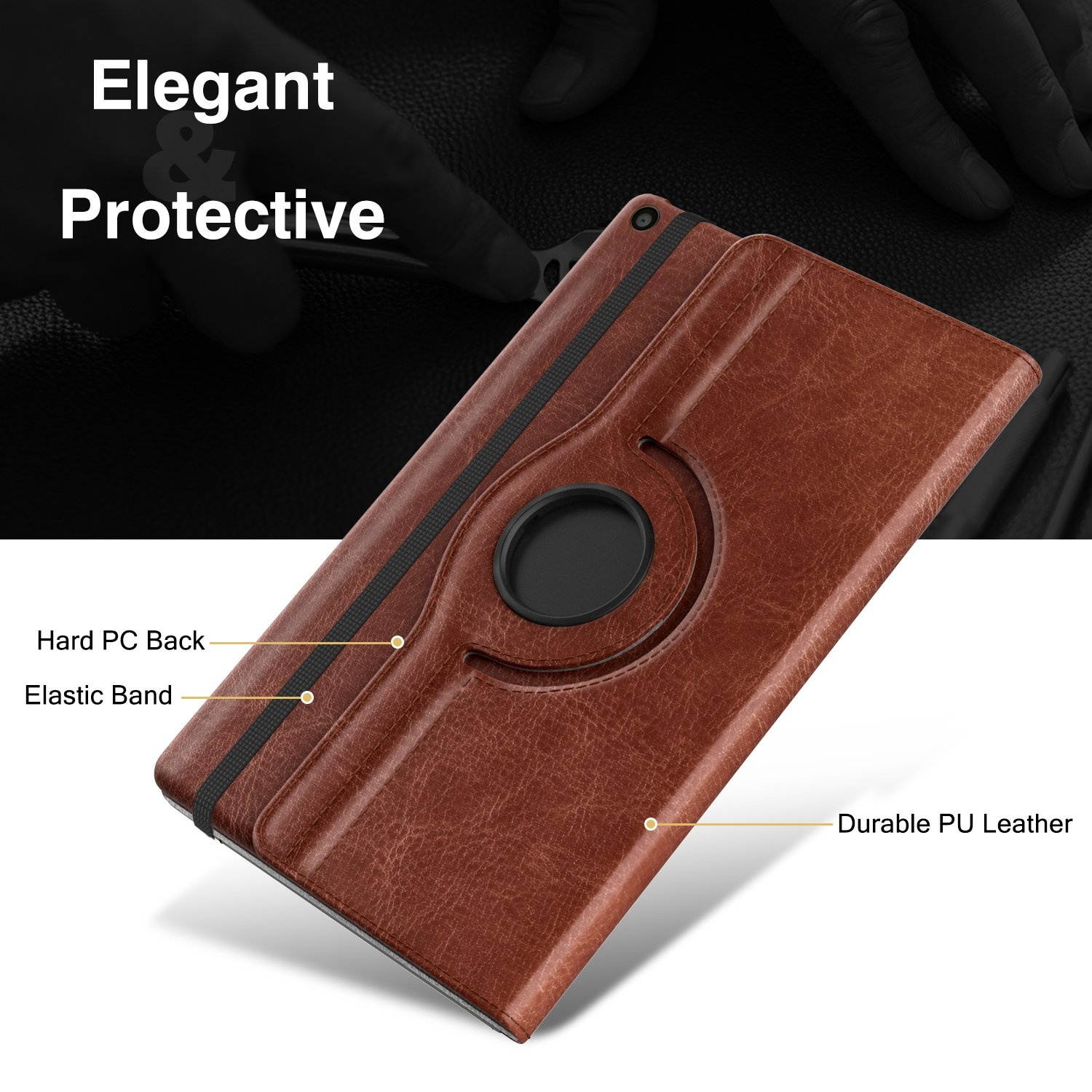 MoKo Case for All-New Amazon Fire HD 10 Tablet (7th Generation/9th Generation, 2017/2019 Release) - 360 Degree Rotating Swivel Stand Cover with Auto Wake/Sleep for Fire, Brown