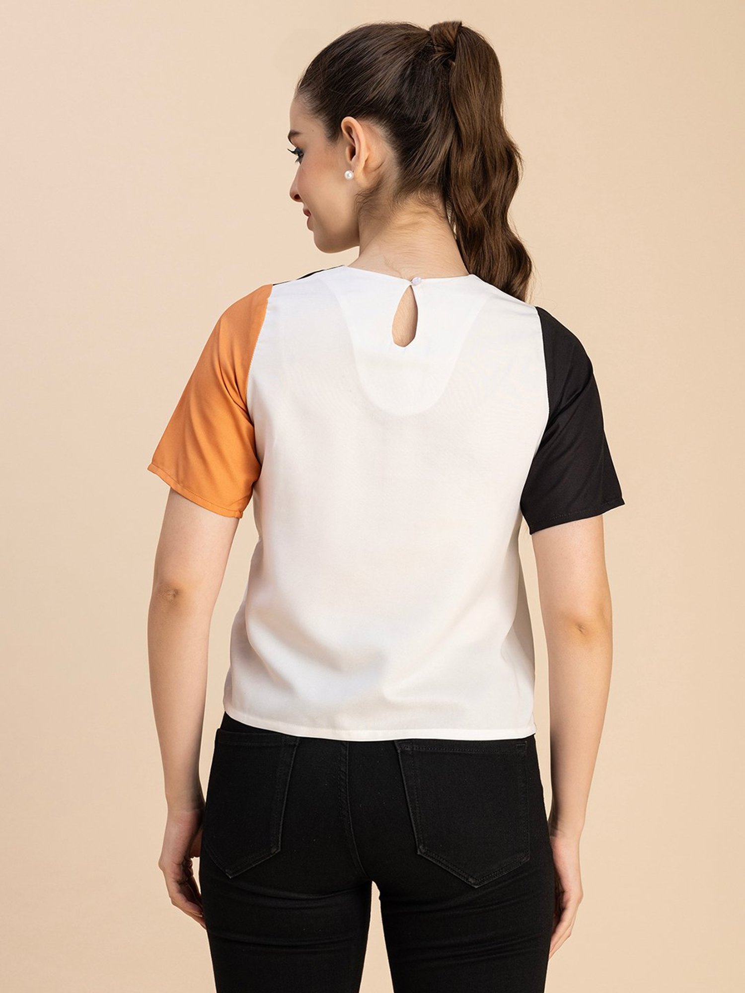 Moomaya Black & Orange Color-Block Top