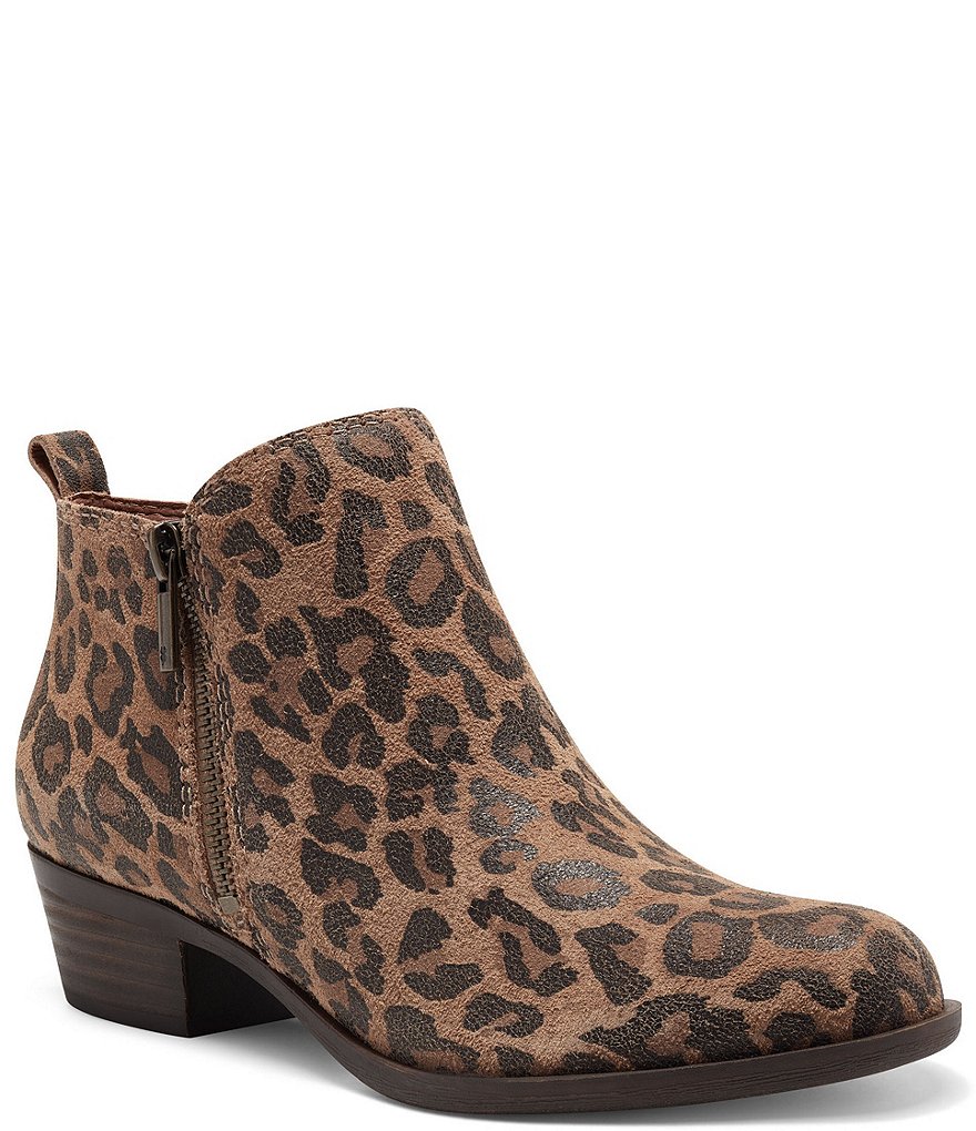 Lucky Brand Basel Leopard Printed Leather Side Zip Block Heel Ankle Booties