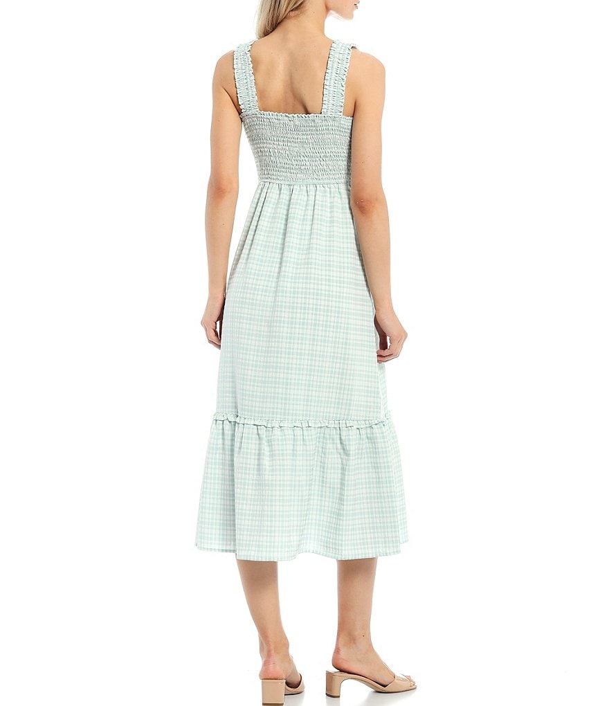 Skies Are Blue Smock Top Gingham Square Neck Sleeveless Tiered Midi Dress