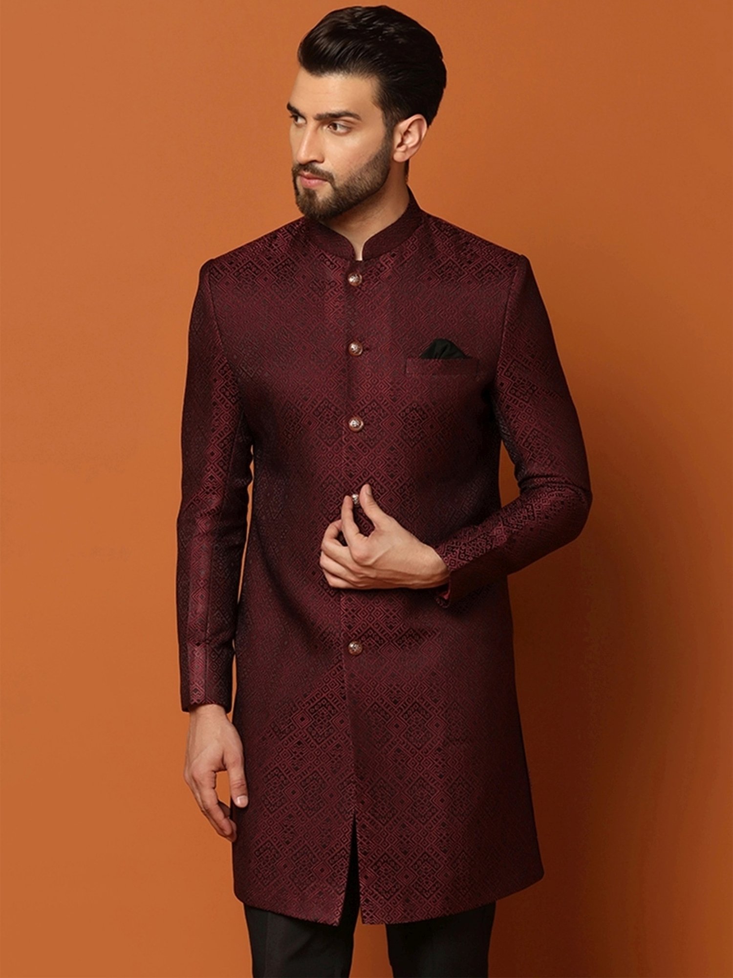 Kisah Maroon Regular Fit Self Pattern Sherwani Jacket