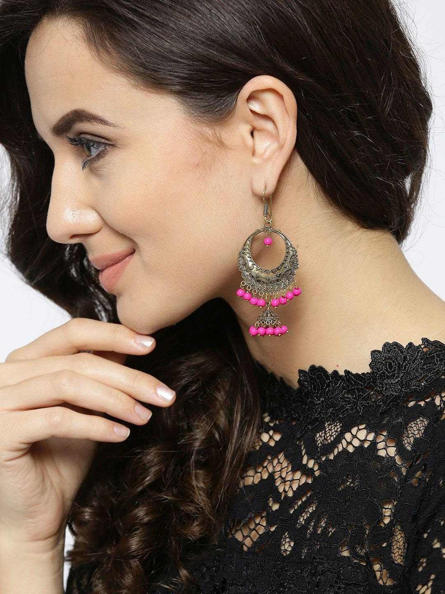 Priyaasi Pink & Golden Chand Bali Earrings