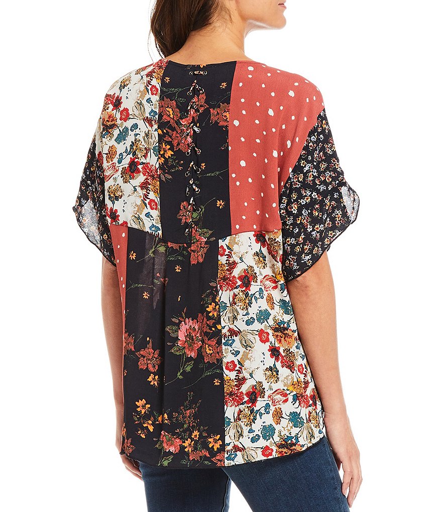 Tru Luxe Jeans Mixed Print Lace-Up Back Crew Neck Elbow Sleeve Crepe Top