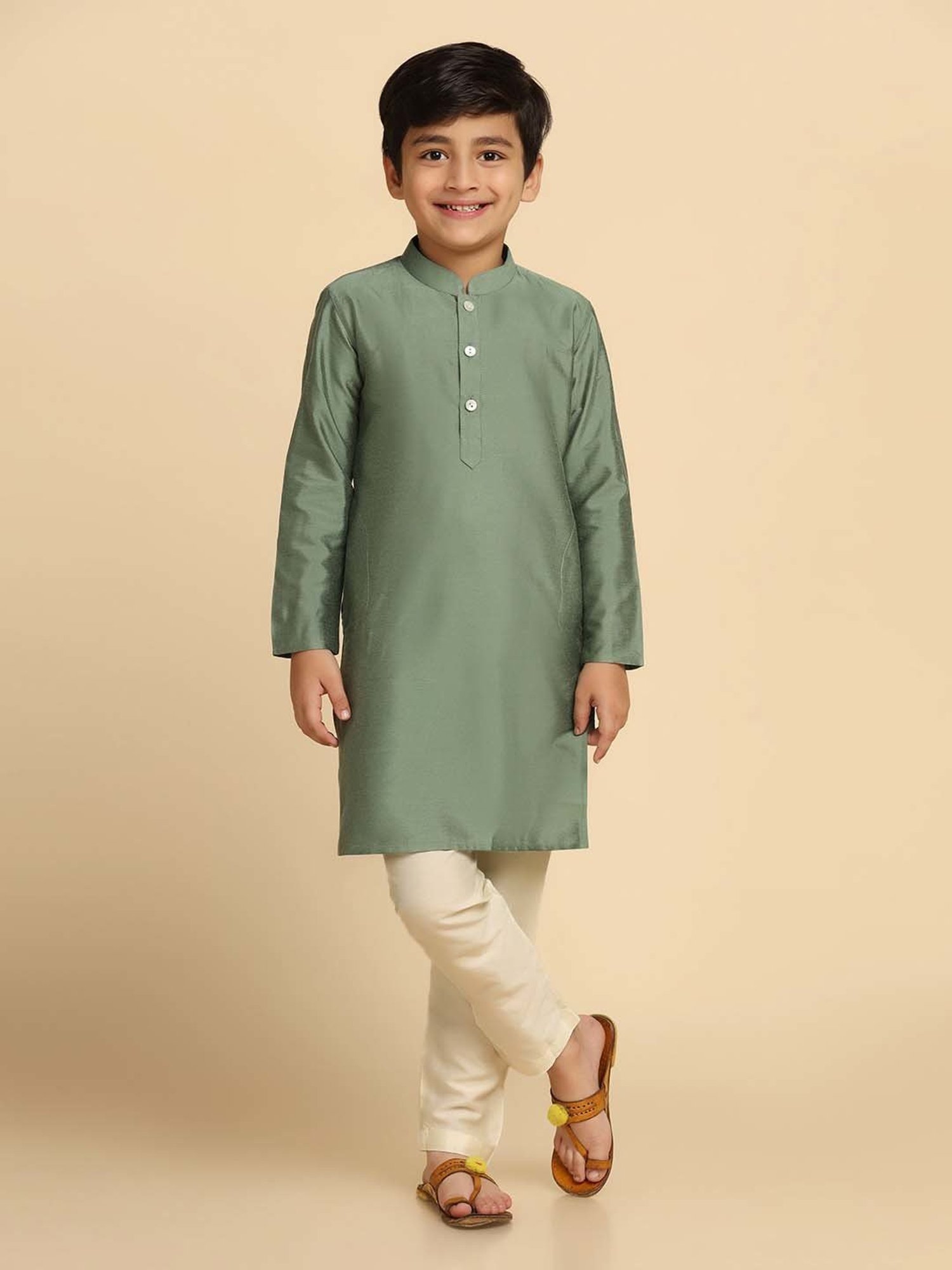 KISAH Kids Green & White Cotton Regular Fit Full Sleeves Kurta Set