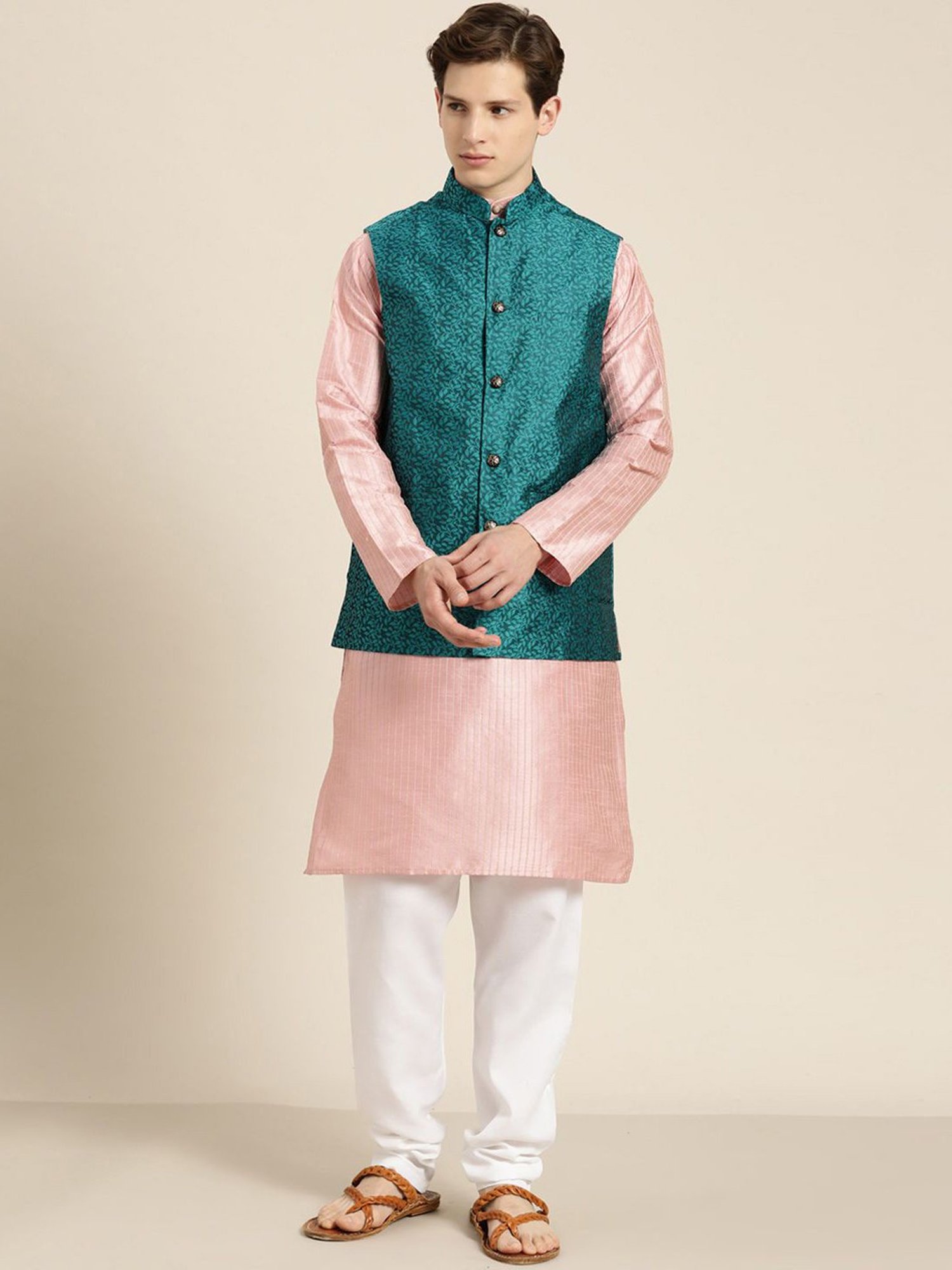 Sojanya Pink & Green Regular Fit Self Pattern Kurta Set With Jacket