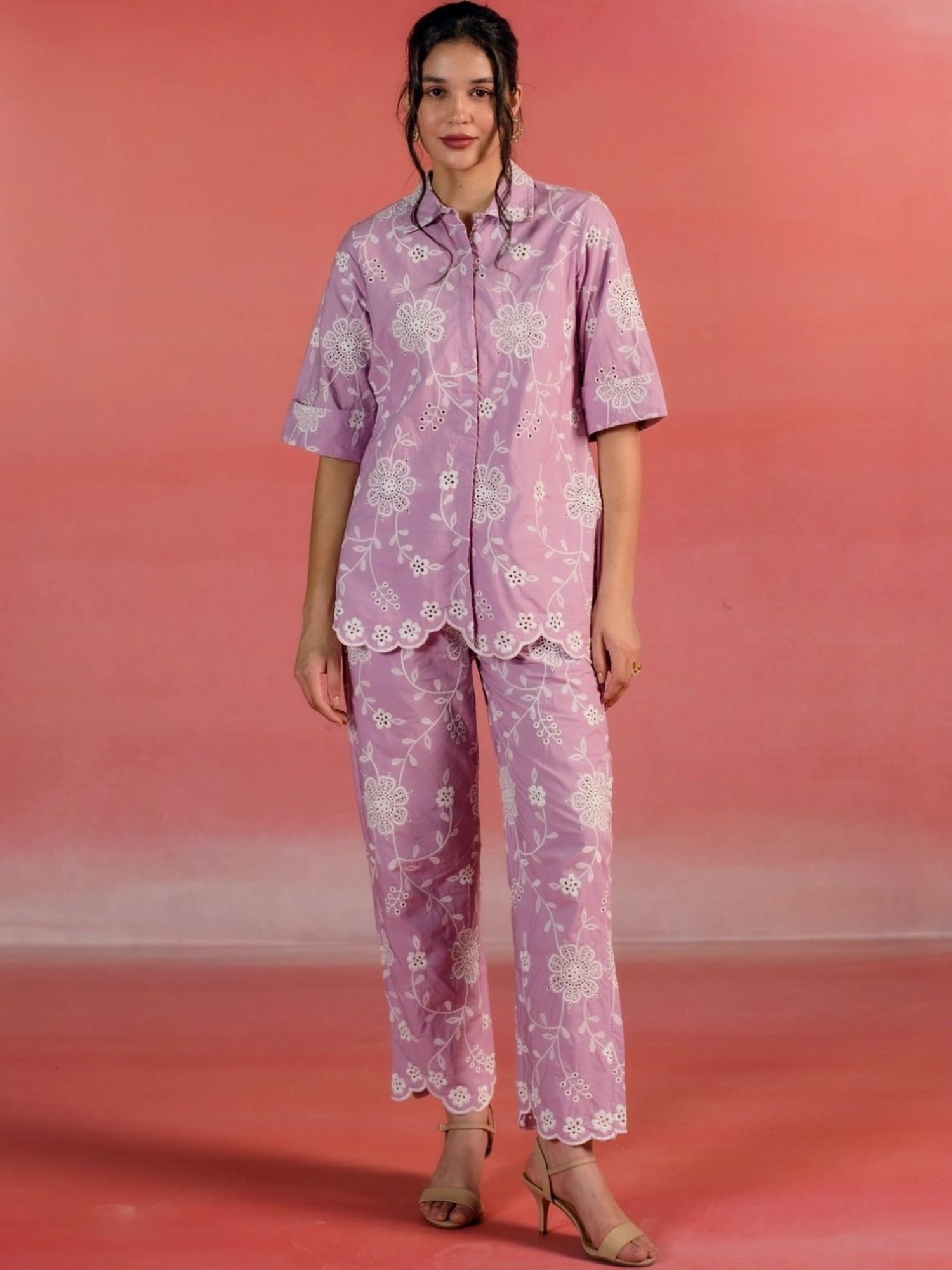 Kameez by Pooja Pink Floral Embroidered Poplin Shirt with Pant Co-ord Set