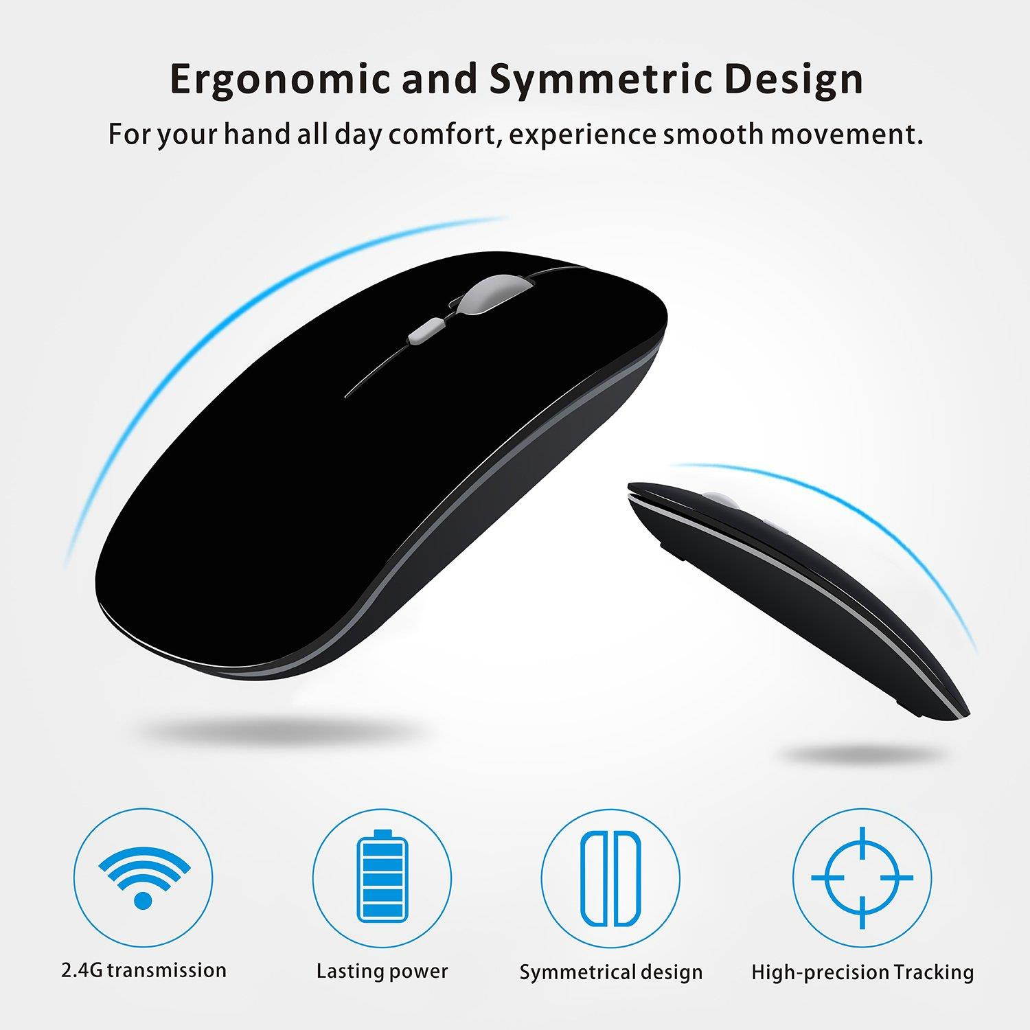 TENMOS T9 Silent Wireless Mouse, 2.4G Ultra Slim Portable Travel Mouse Optical Computer Mice with Nano Receiver Compatible with Notebook, PC, Laptop, Computer (Matte Black)