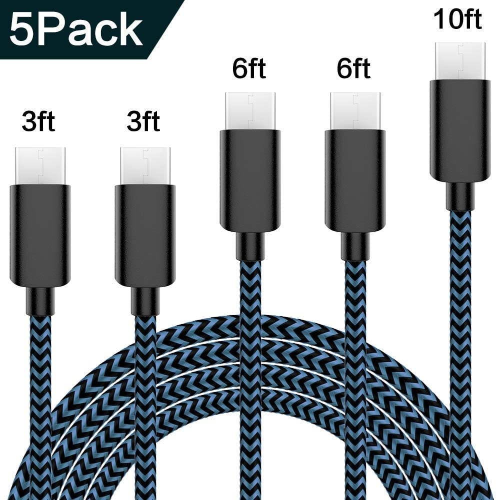 USB Type C Cable 5Pack (3/3/6/6/10FT) Nylon Braided USB C Cable Fast Charger Charging Cord Compatible Samsung Galaxy S9 S8 Note 9 Note 8 PlusLG V30 G6 G5 V20Google Pixel Moto Z2 and More (Blue)