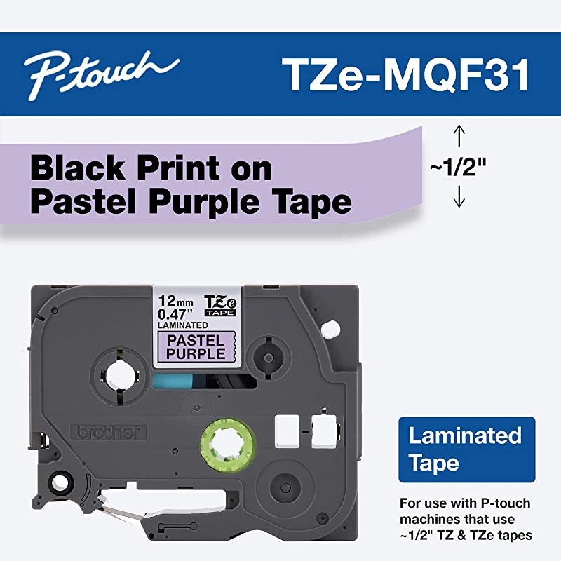 Genuine Ptouch TZEMQF31 Tape 12quot 047quot Wide Standard Laminated Tape Black on Pastel Purple Laminated for Indoor or Outdoor Use WaterResistant 047quot x 262 12mm x 8M TZEMQF31