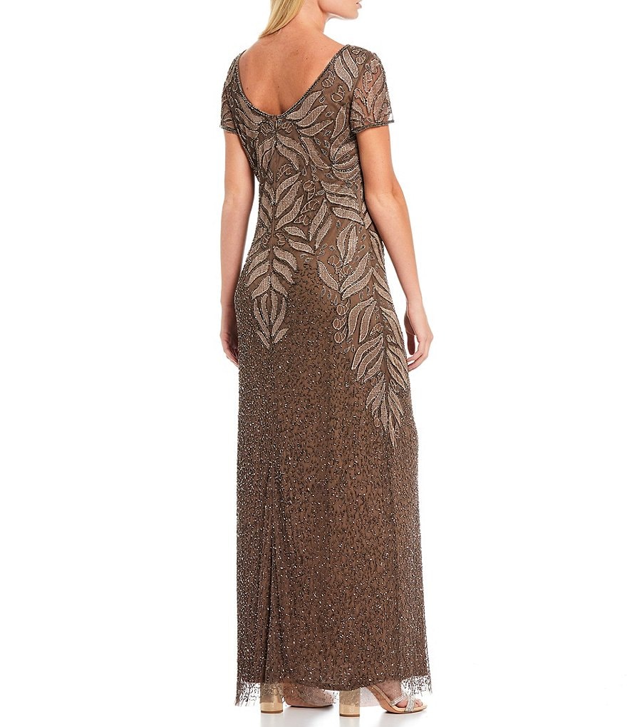 Pisarro Nights Petite Size Boat Neck Short Sleeve Beaded Gown