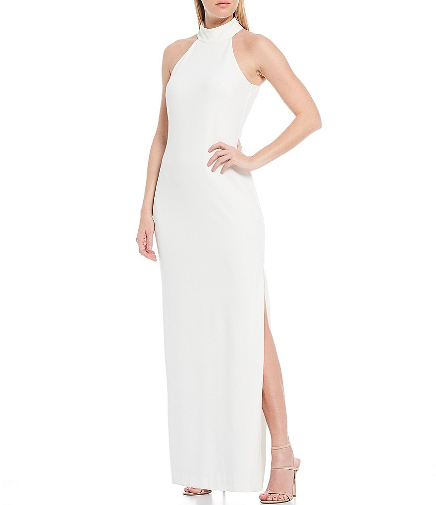 Belle Badgley Mischka Reese Halter Neck Crepe Side Slit Gown