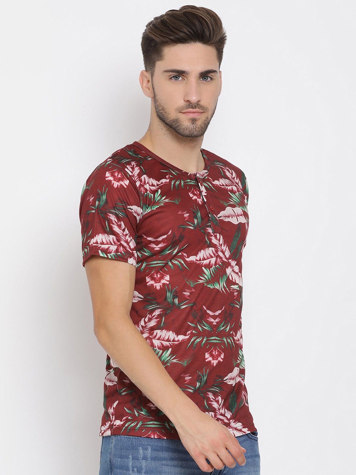 Hangup Plus Maroon Regular Fit Printed Henley T-Shirt