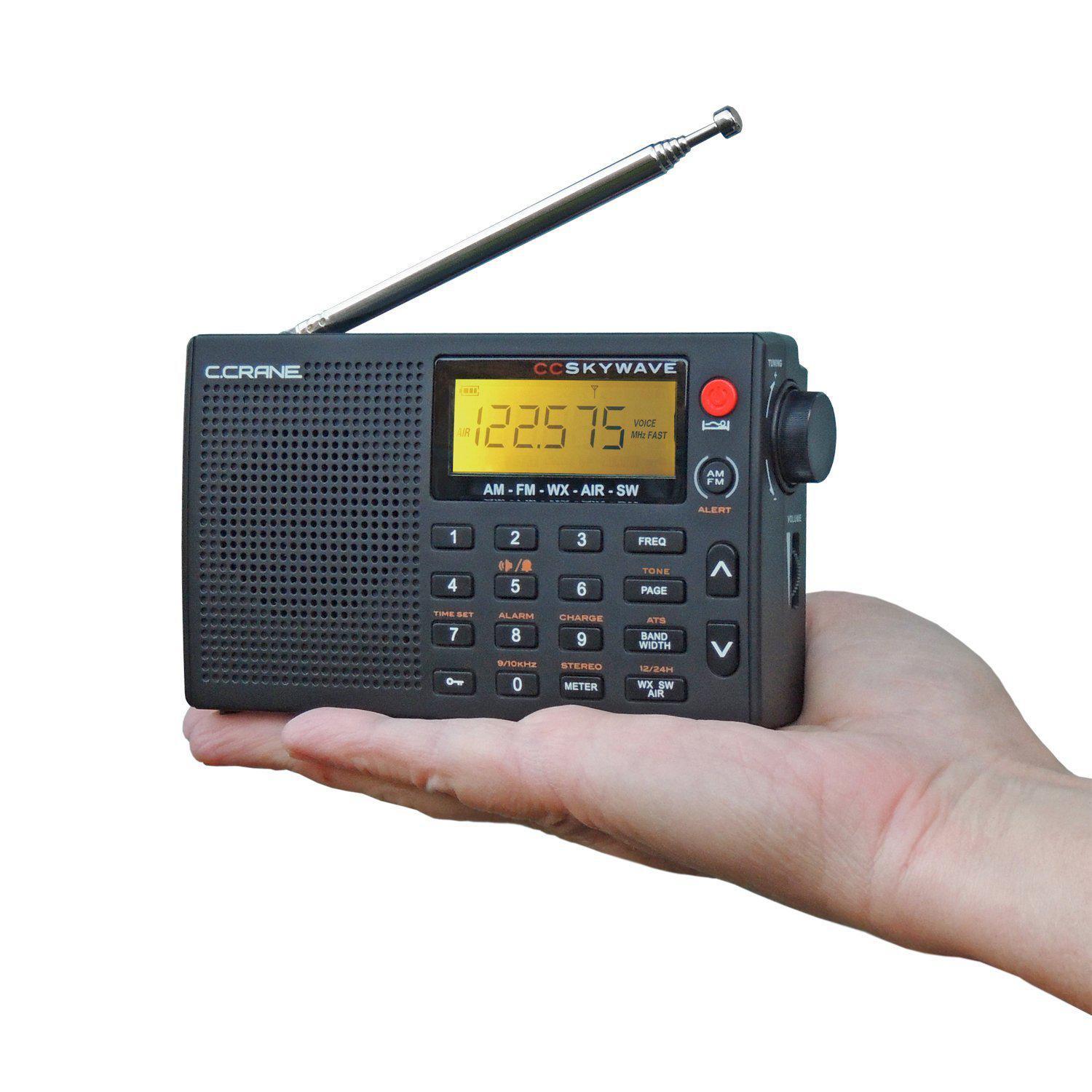 c crane cc skywave am, fm, shortwave, weather and airband portable travel radio with clock and alarm