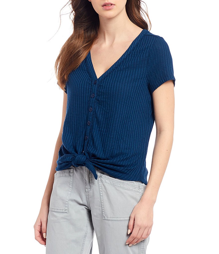 Aventura Ayla V-Neck Short Sleeve Waffle Knit Button-Tie Front Tee