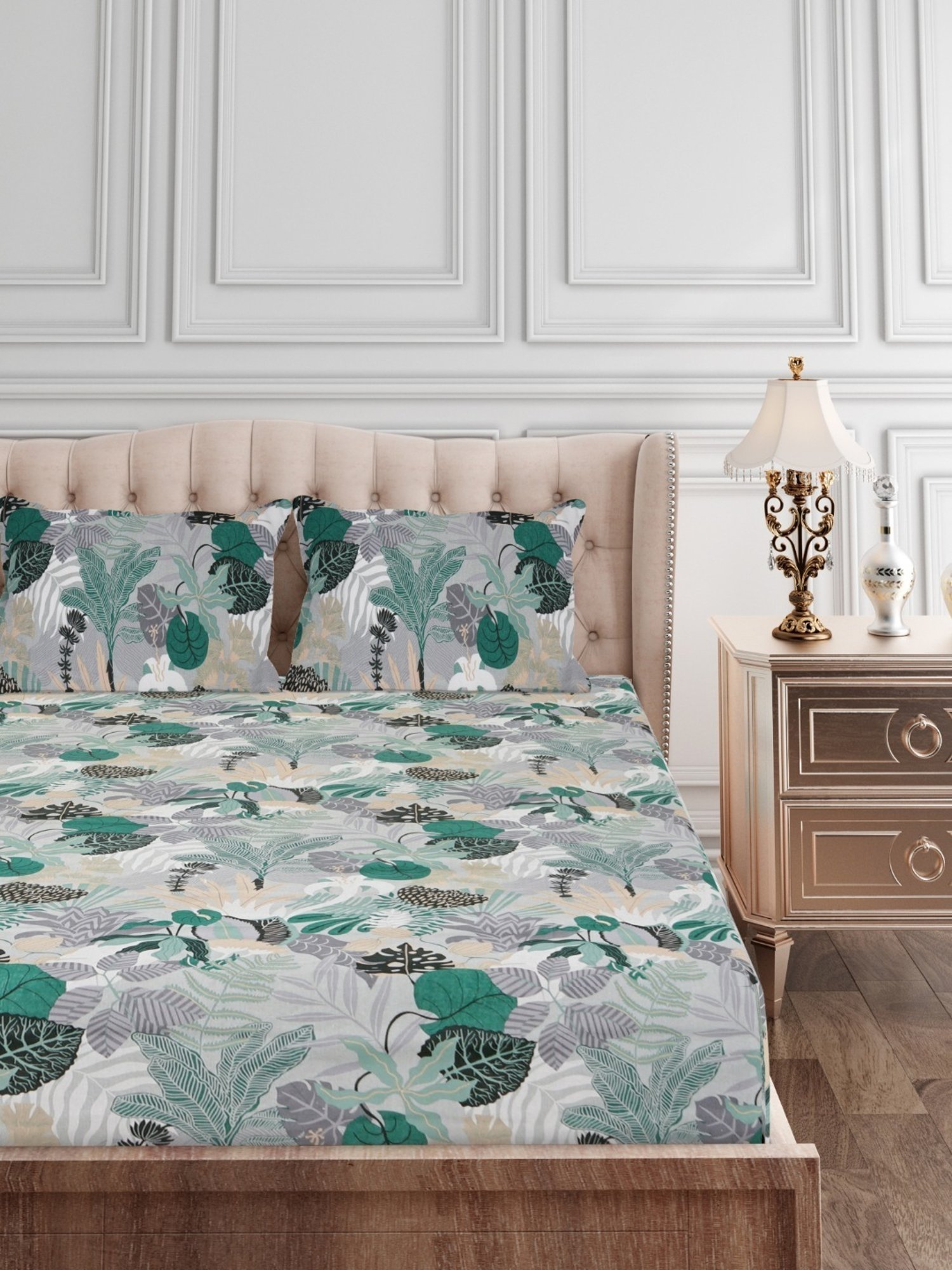 SEJ by Nisha Gupta Floral Green 144 TC Cotton Double Bed Sheet with 2 Pillow Covers