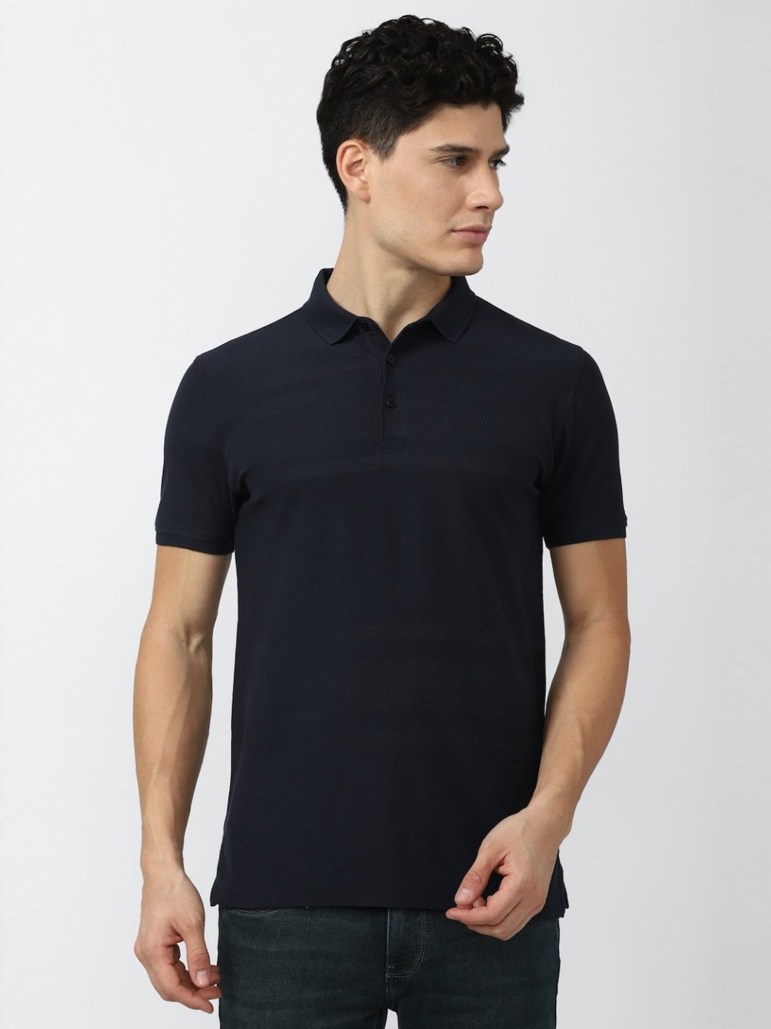 V Dot Navy Blue Cotton Slim Fit Striped Polo T-Shirt