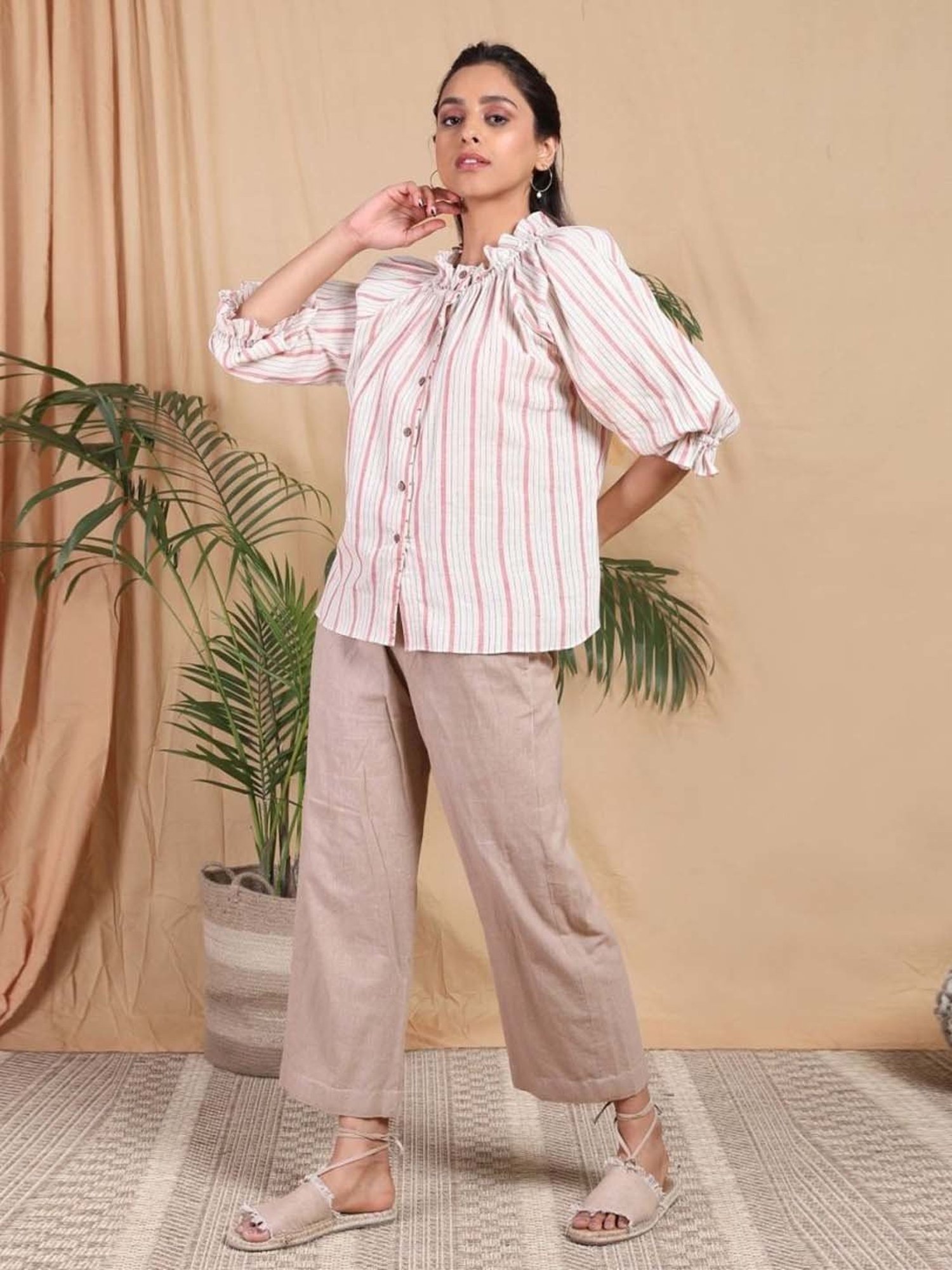 Mushio White Dhari Yarn Dyed Handwoven Cotton Khadi Shirt