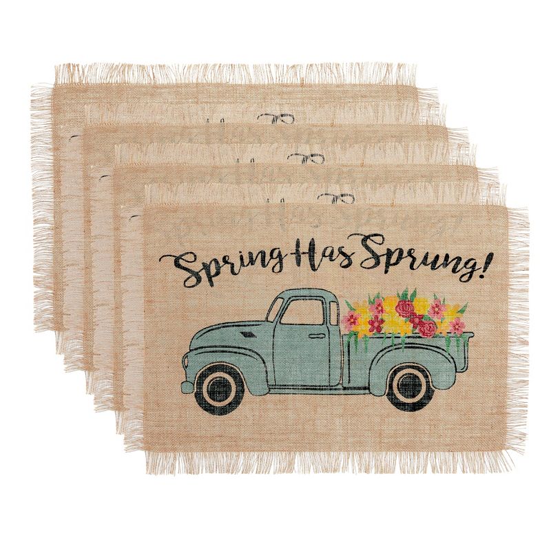 Farmhouse Living Spring Has Sprung Vintage Farm Truck Burlap Placemat - Set of 4 - 13" x 19" - Natural - Elrene Home Fashions