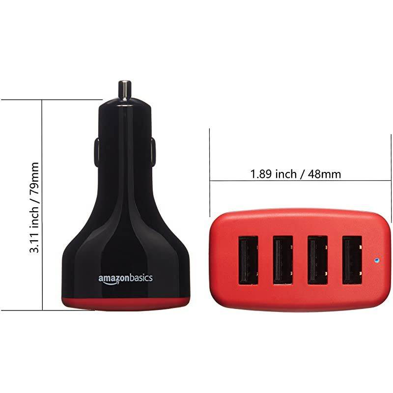 4Port Multi USB Car Charger for Apple and Android Devices 96 Amp 48W Black and Red