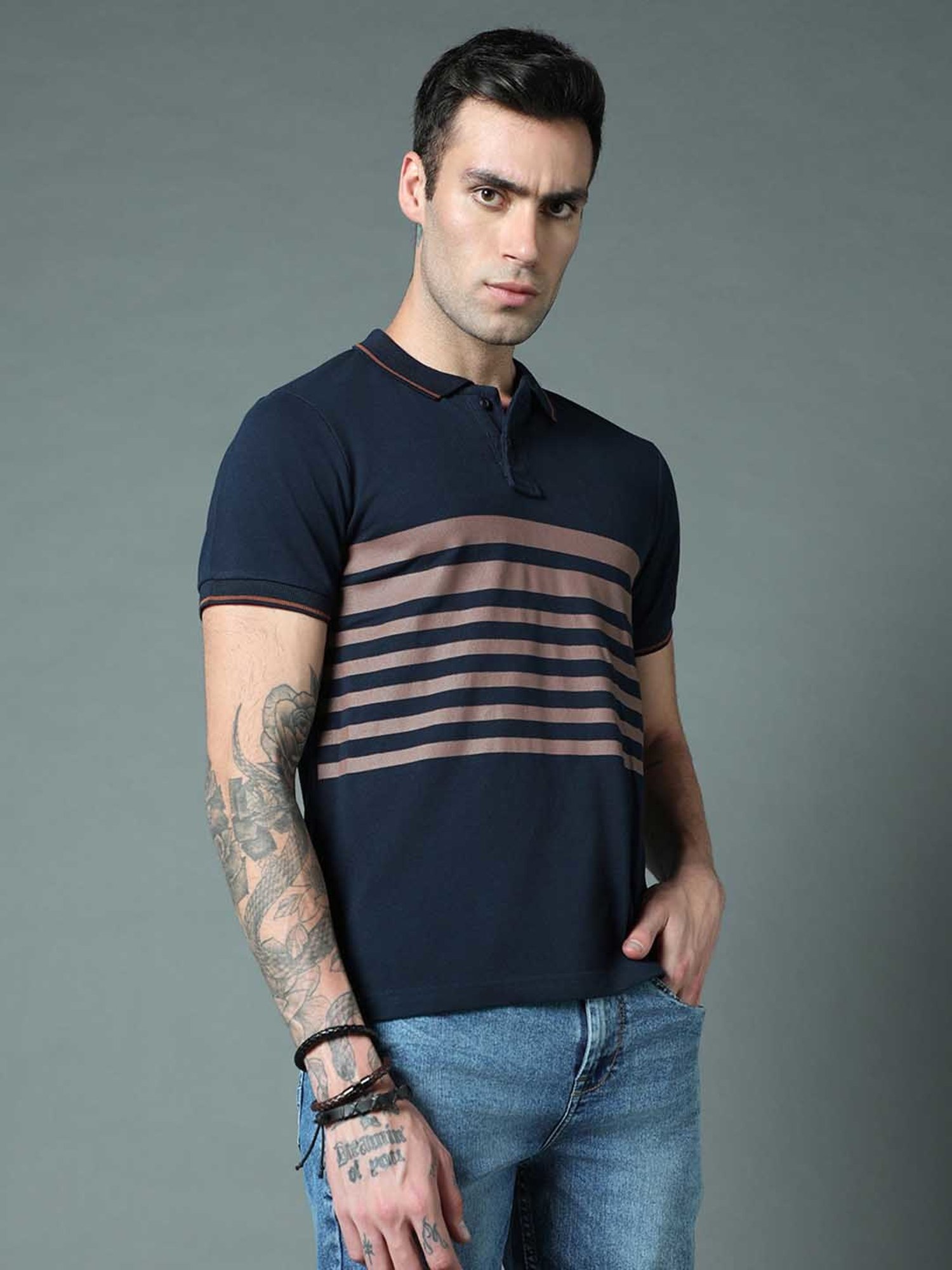 High Star Navy Regular Fit Striped Polo T-Shirt